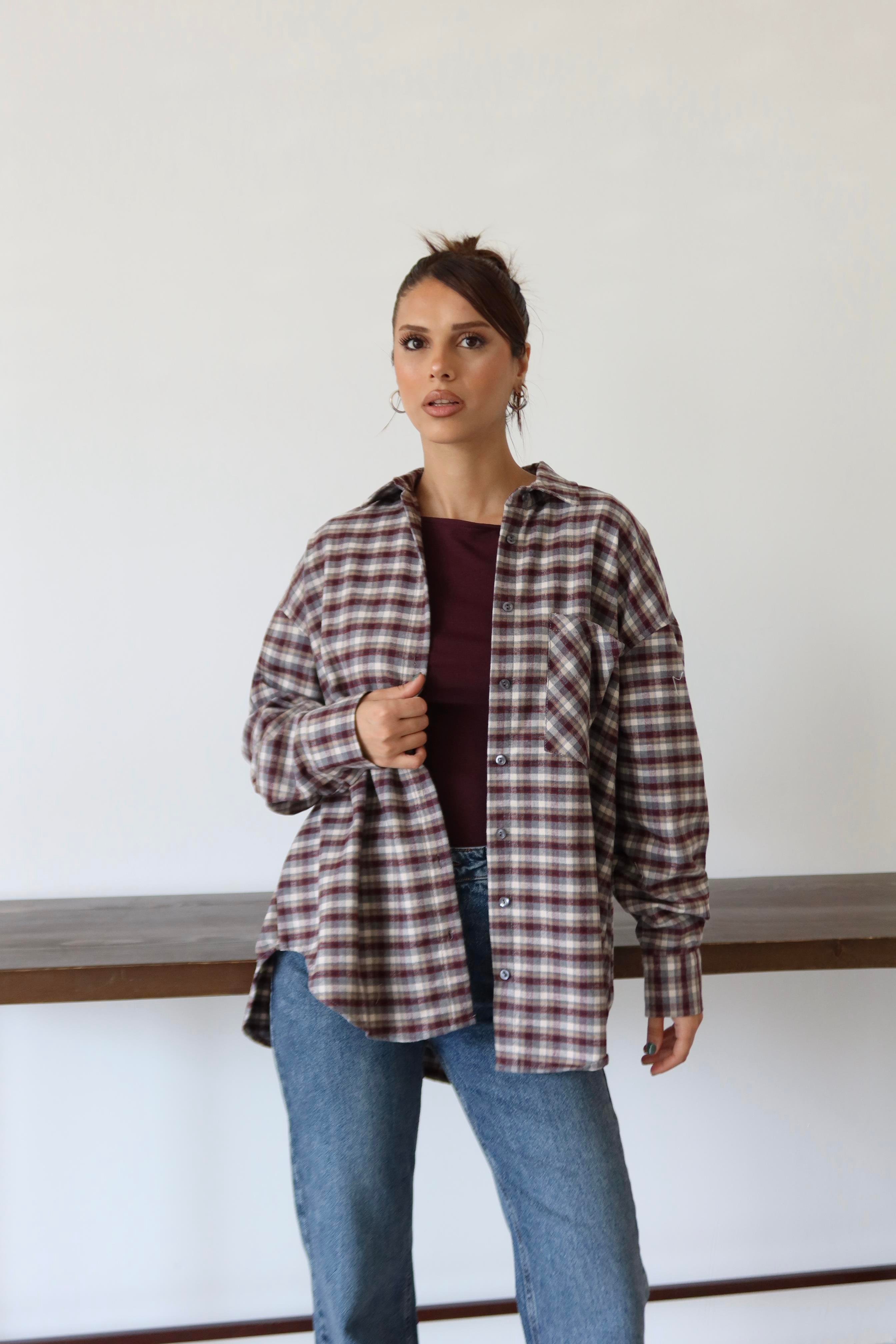 BORDO EKOSE OVERSİZE GÖMLEK