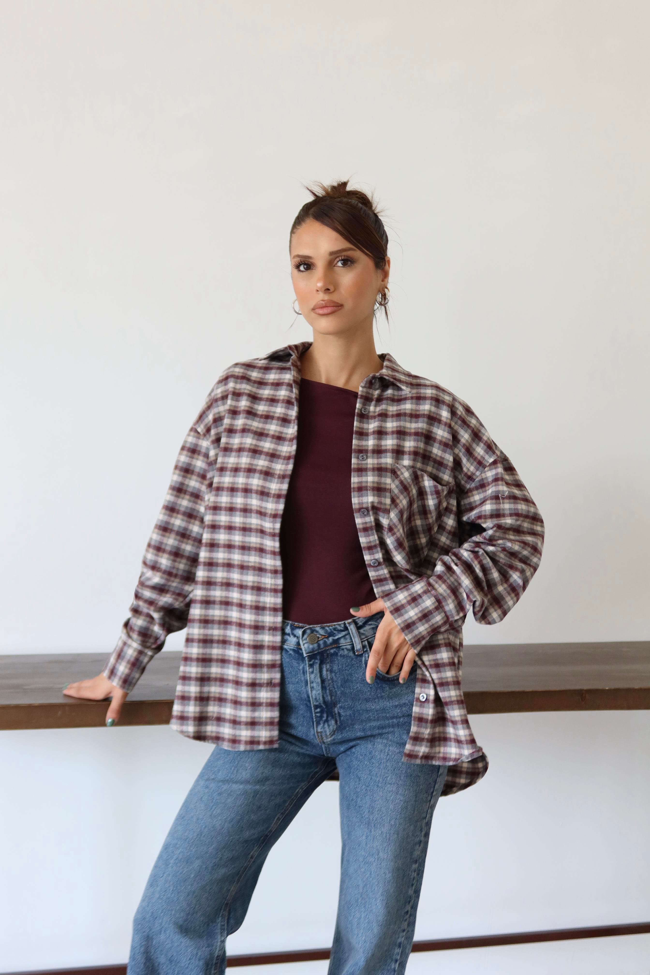 BORDO EKOSE OVERSİZE GÖMLEK