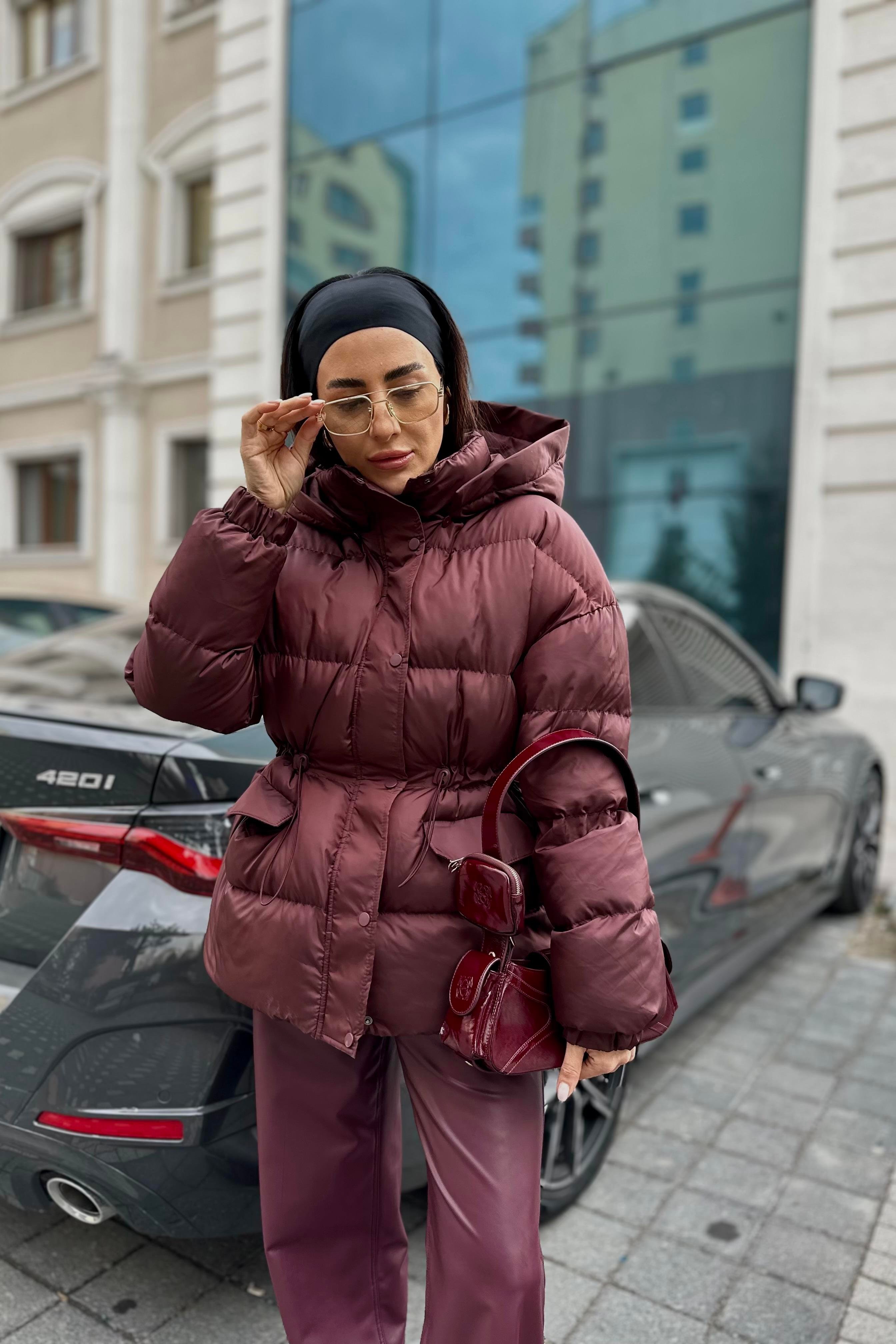 Bordo Elyaf Dolgu Şişme Mont