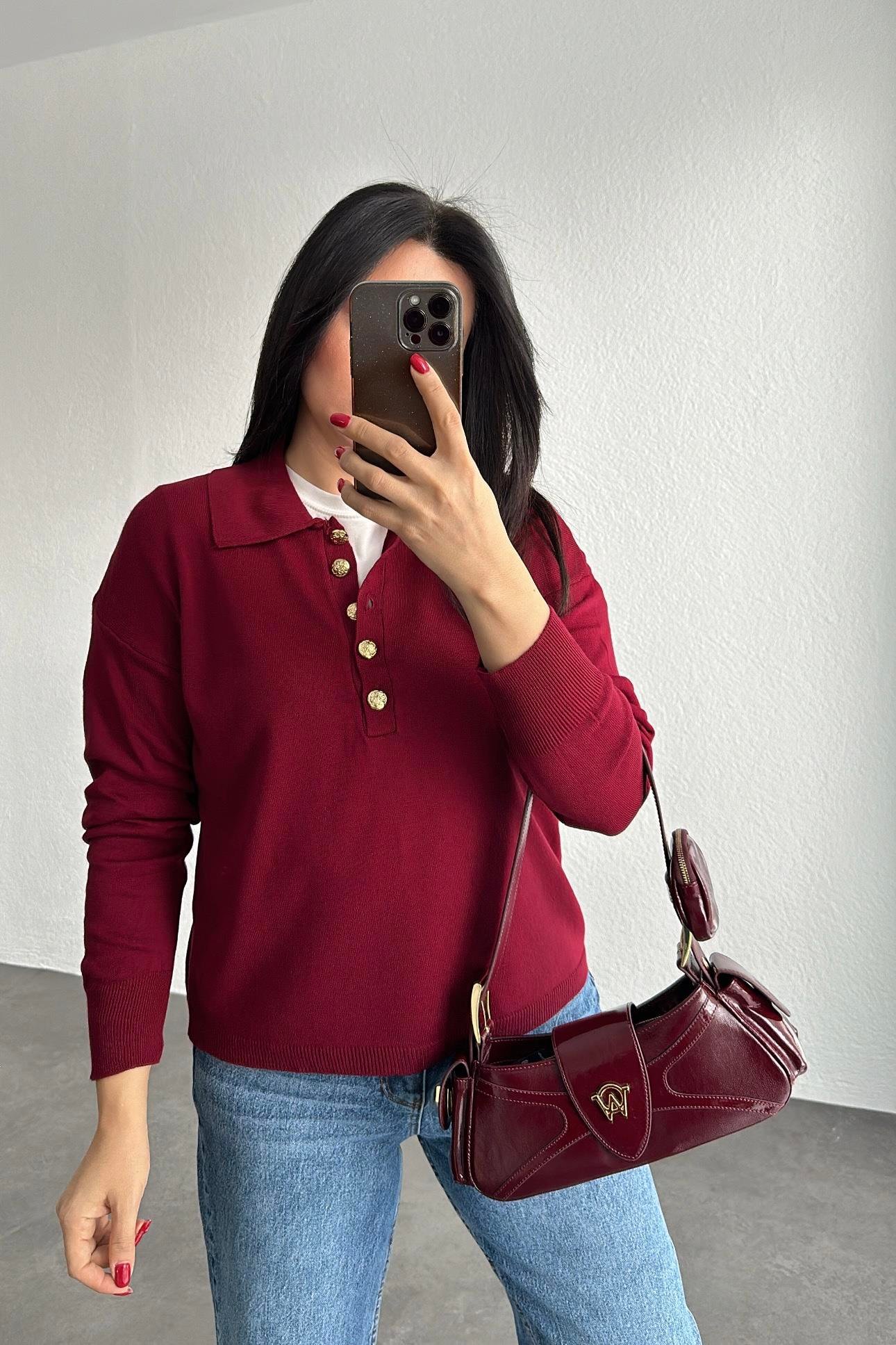 Bordo Gold Düğmeli Polo Yaka Triko