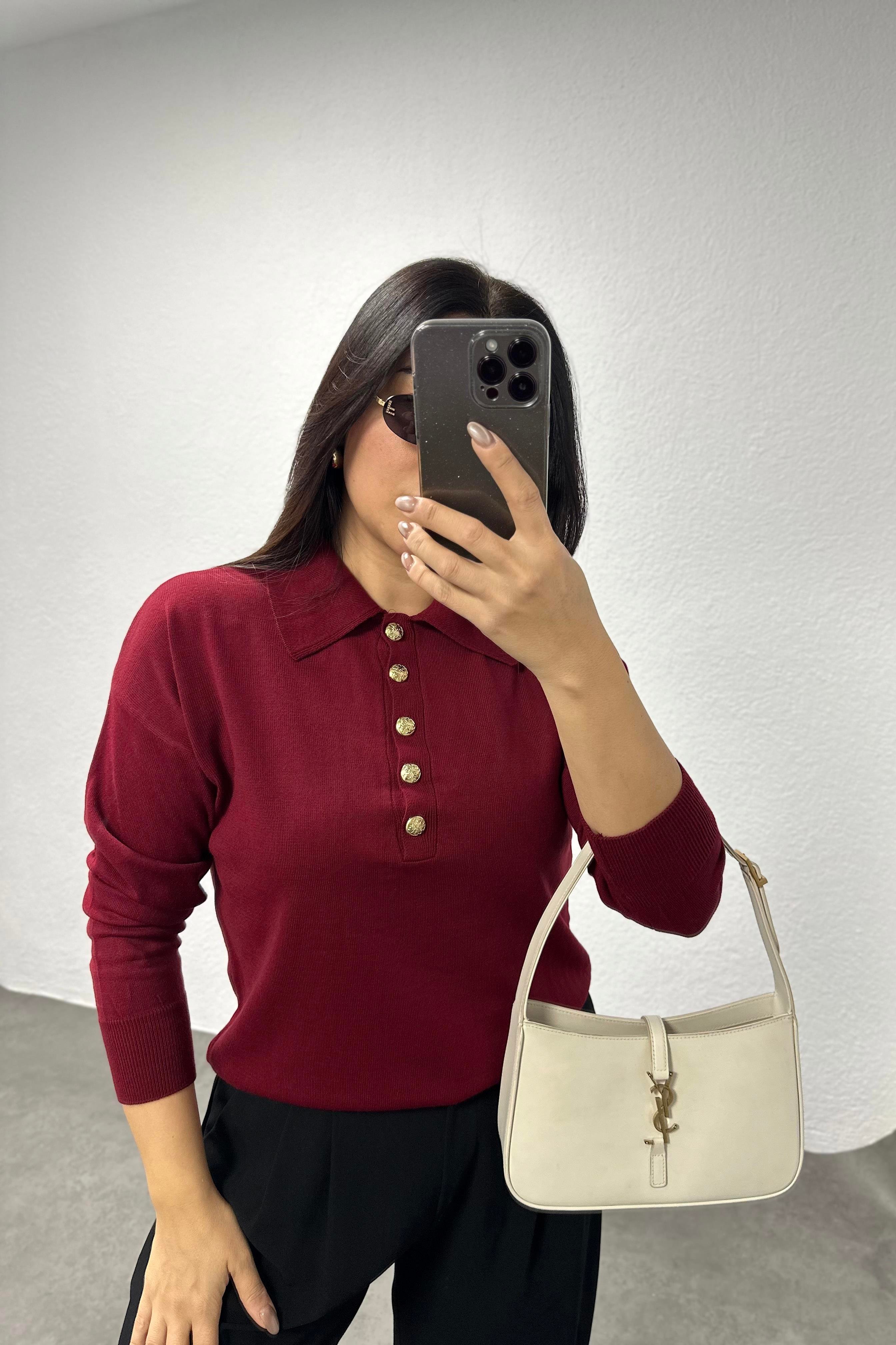 Bordo Gold Düğmeli Polo Yaka Triko
