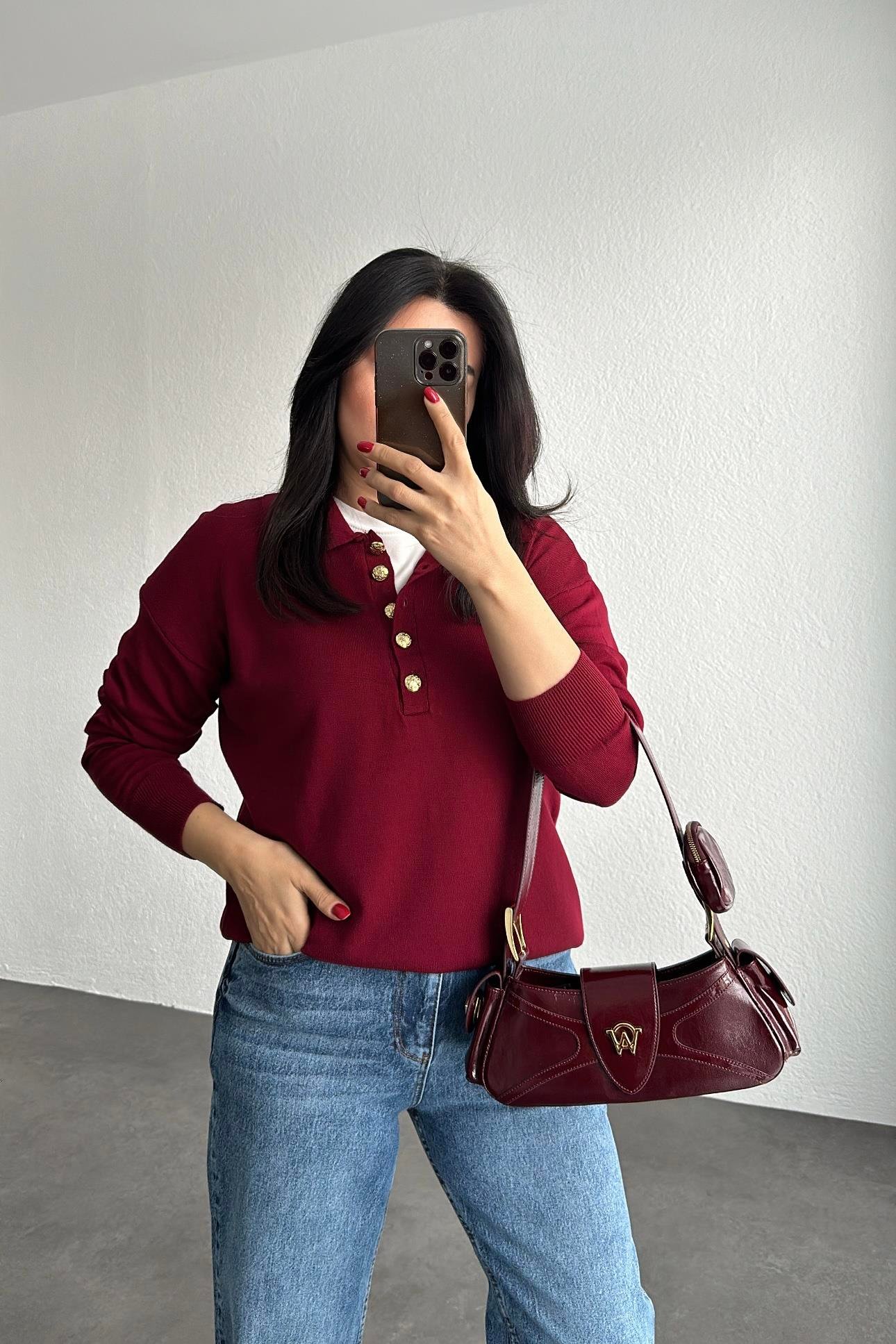 Bordo Gold Düğmeli Polo Yaka Triko