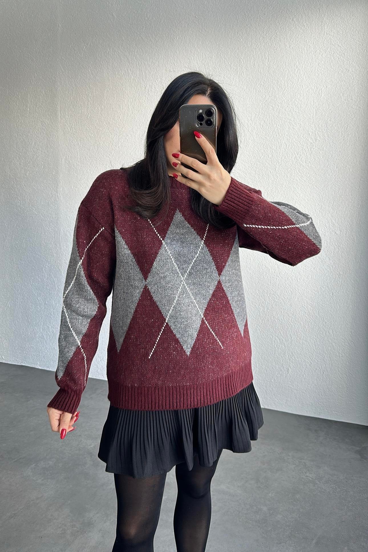 Bordo Gri  Baklava Desenli Triko Kazak