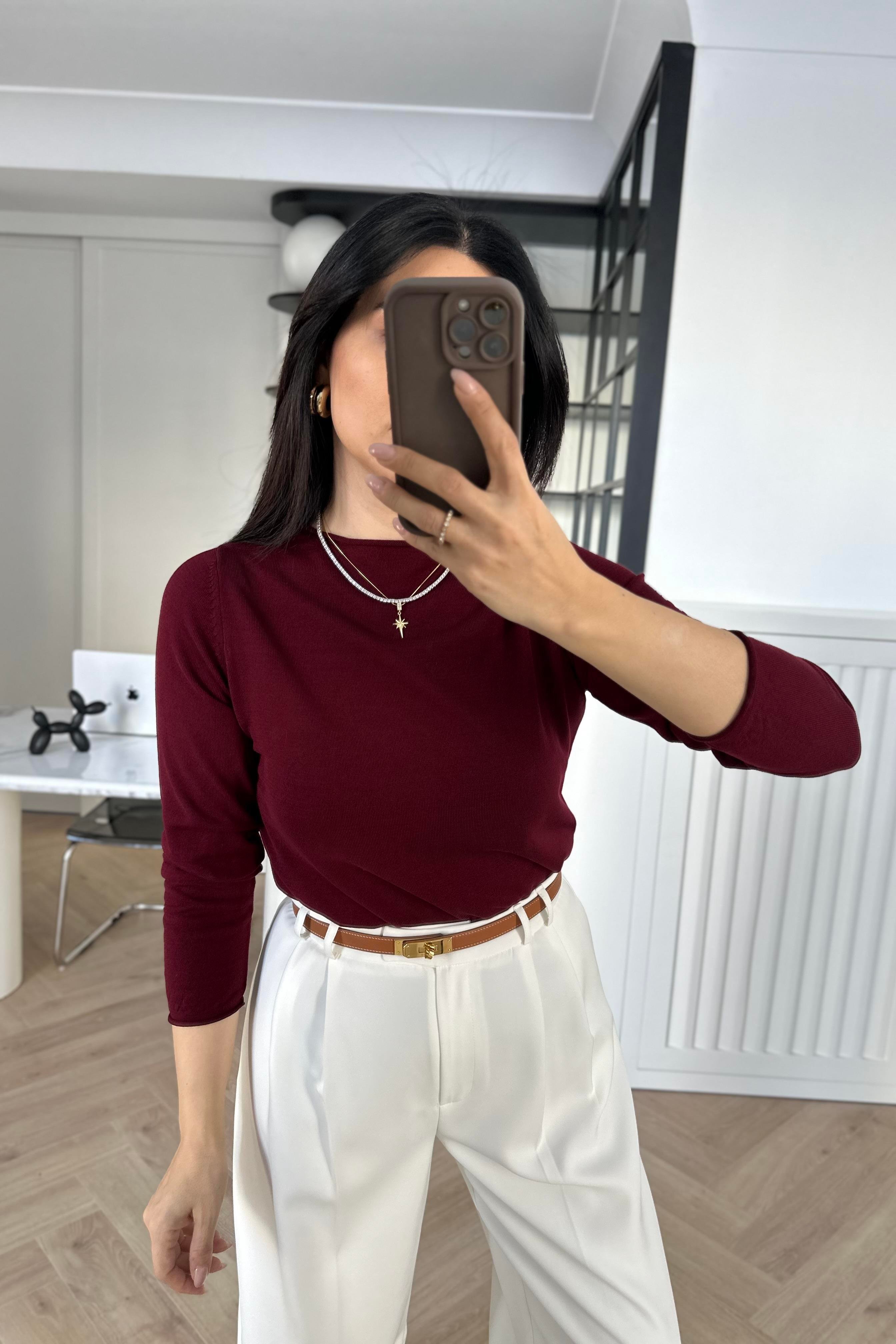 Bordo İnce Dokuma Triko Kazak