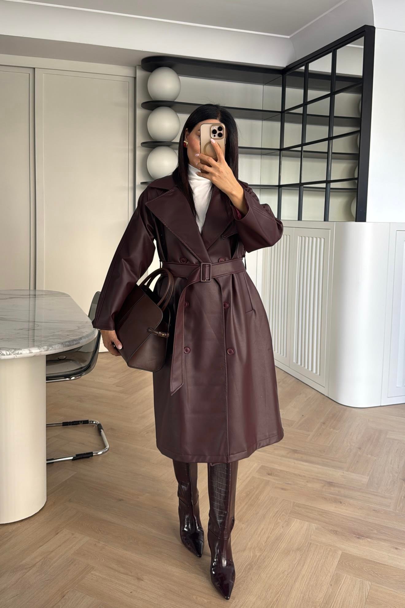 BORDO KEMERLİ CEPLİ PREMİUM SERİ UZUN DERİ TRENÇKOT 