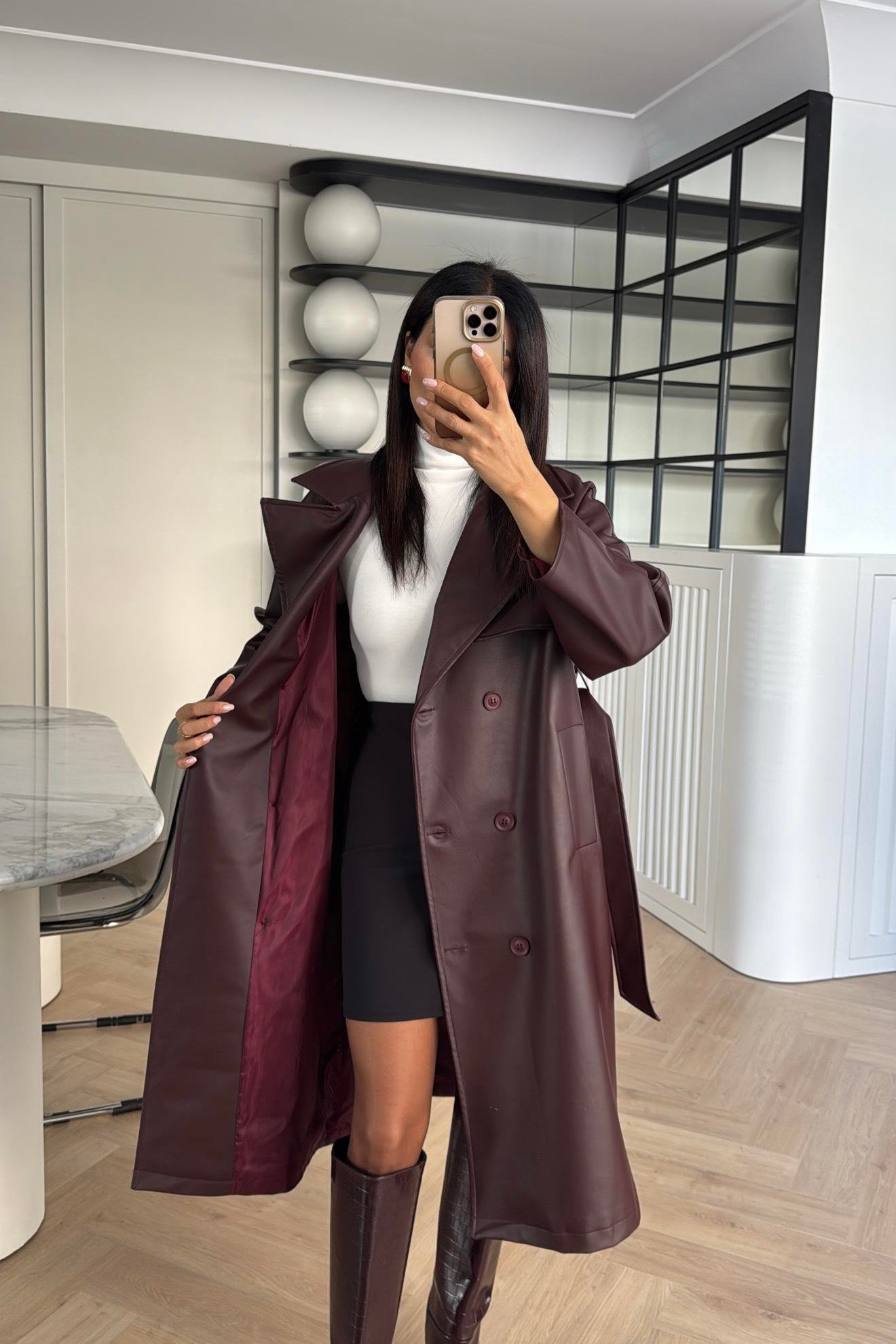 BORDO KEMERLİ CEPLİ PREMİUM SERİ UZUN DERİ TRENÇKOT 