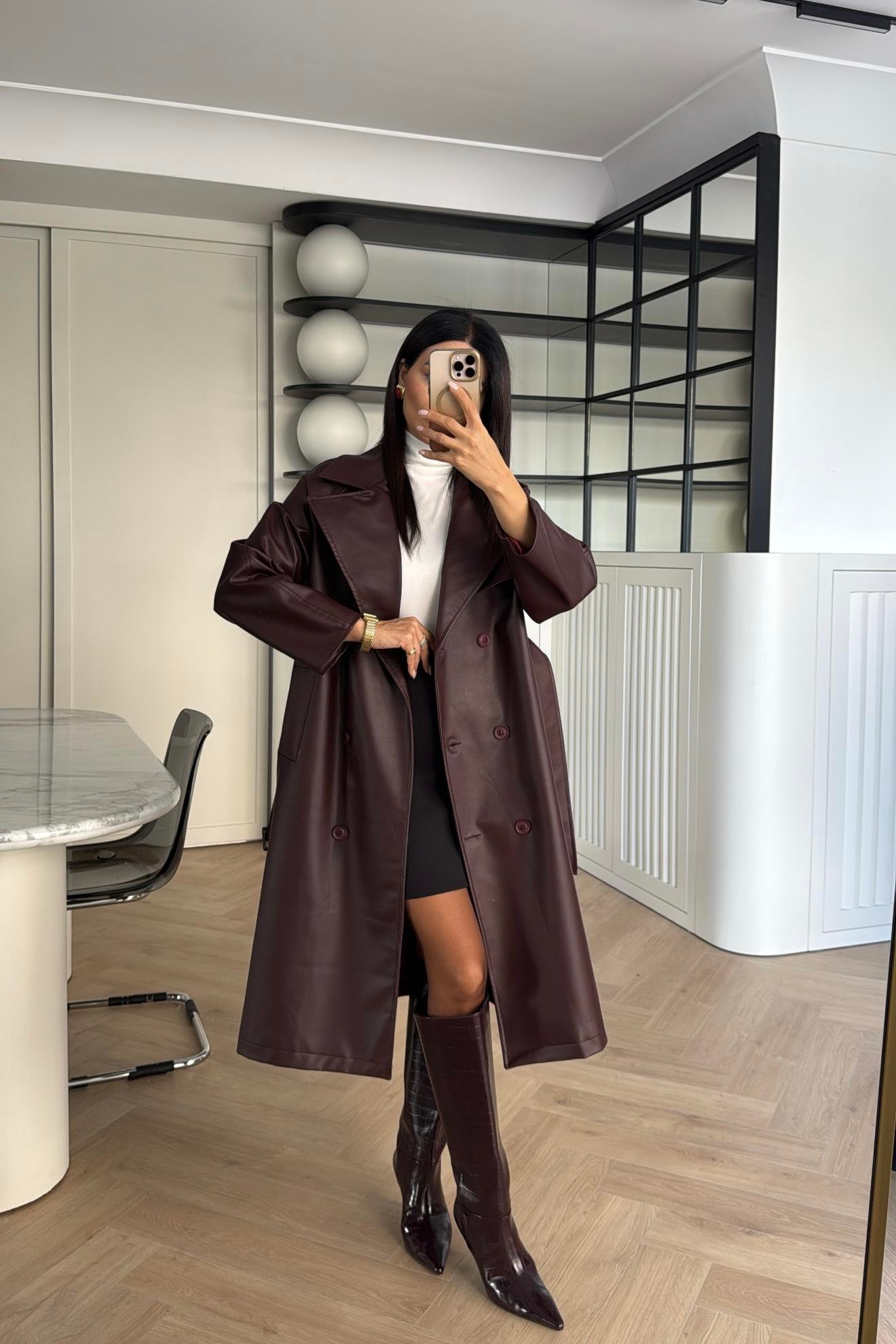 BORDO KEMERLİ CEPLİ PREMİUM SERİ UZUN DERİ TRENÇKOT 