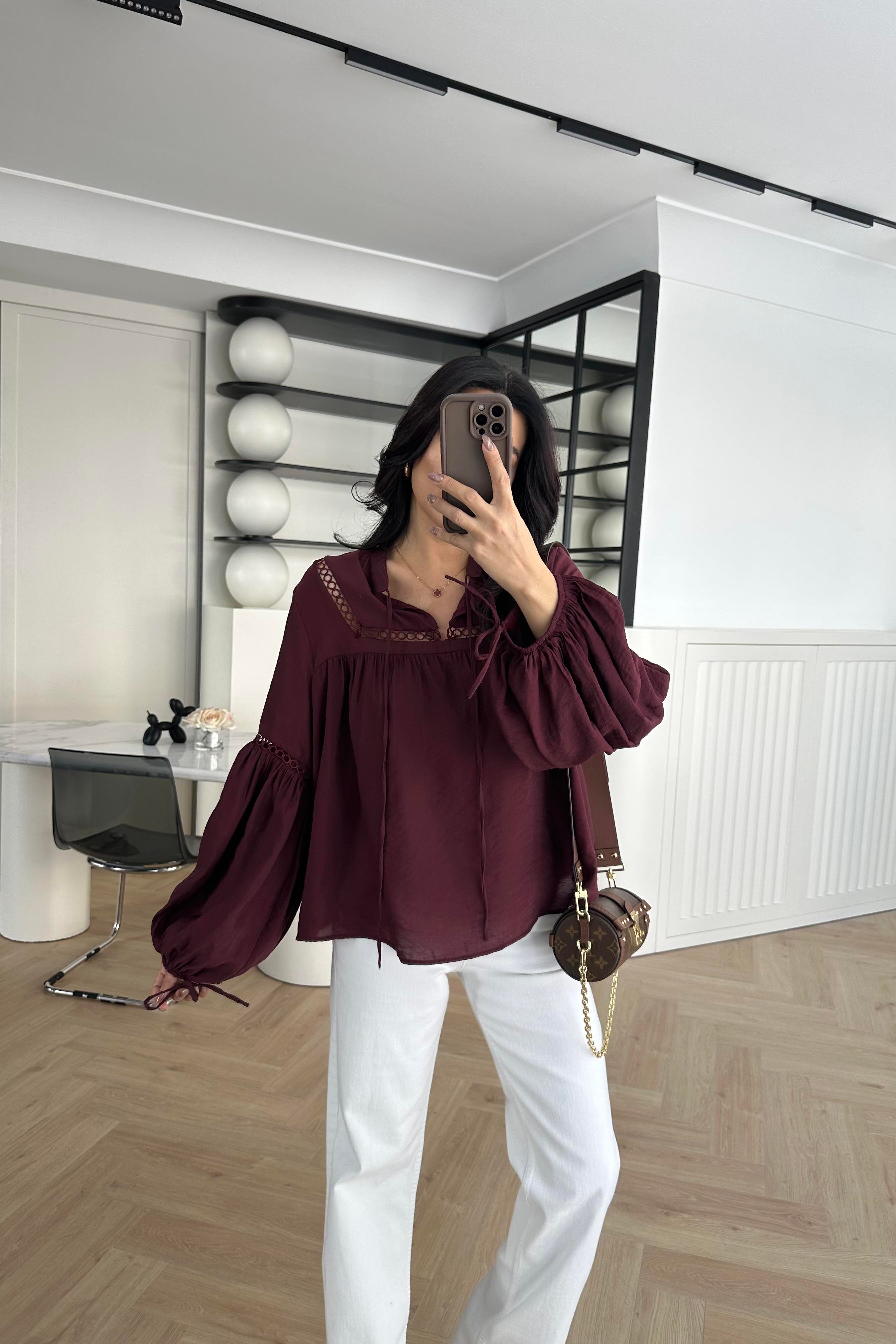 Bordo Nakışlı Keten Gömlek