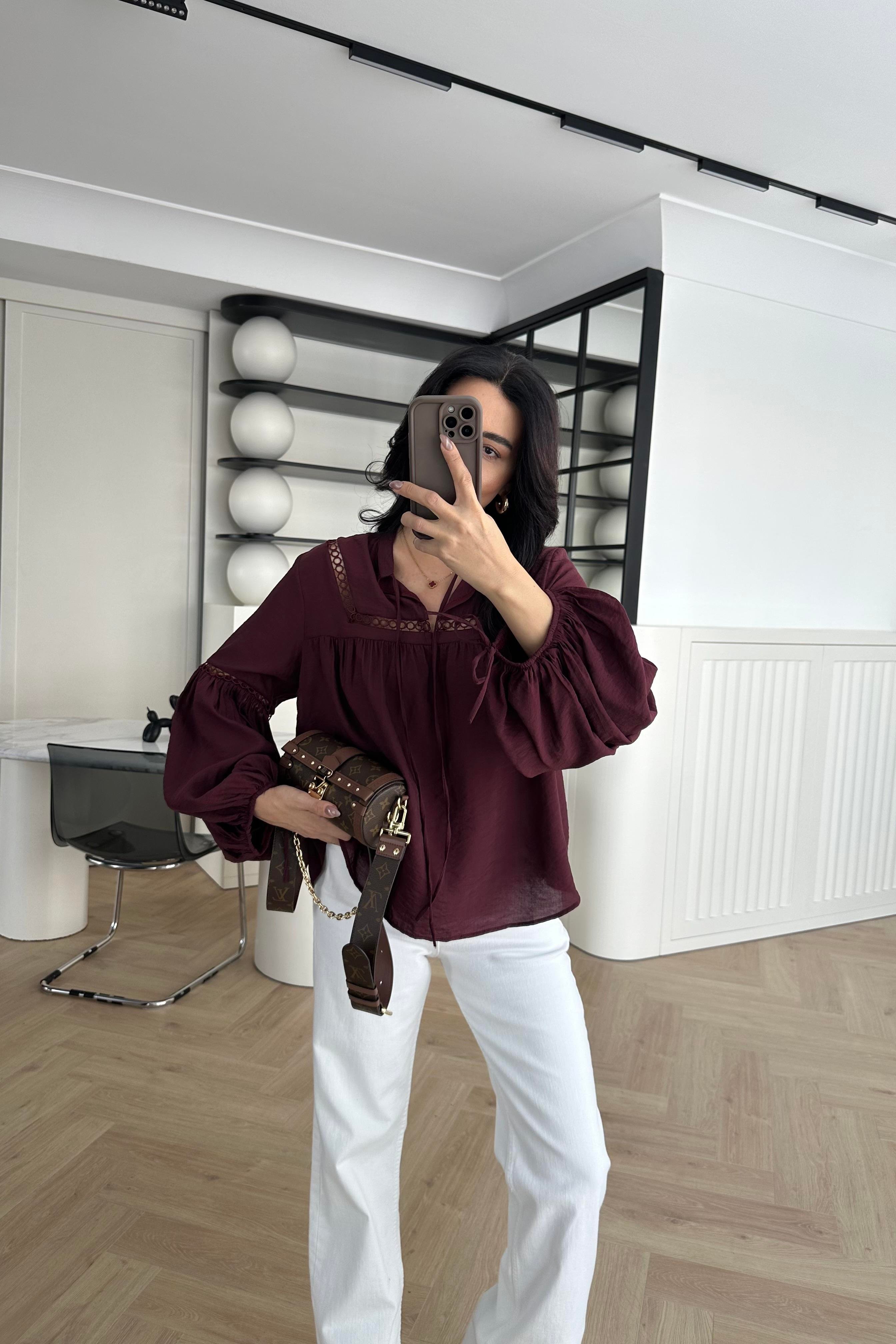 Bordo Nakışlı Keten Gömlek