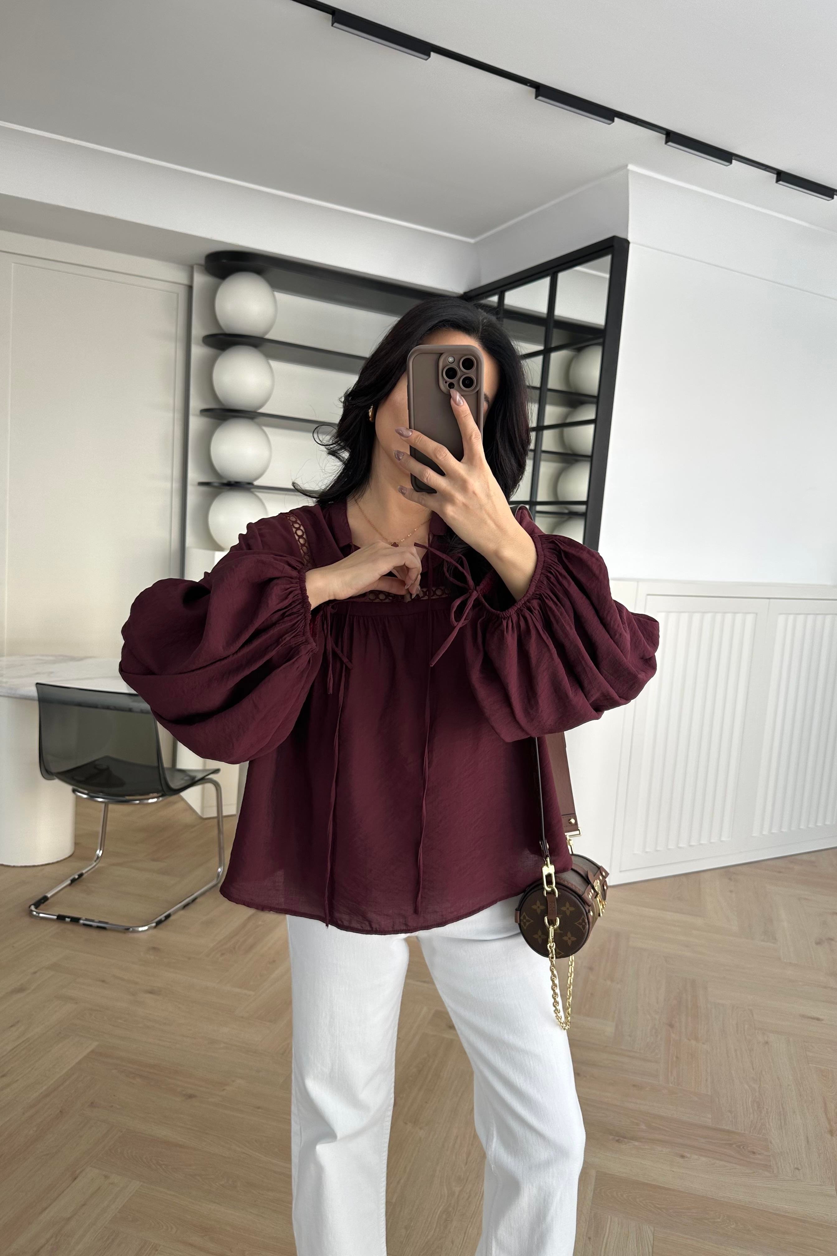 Bordo Nakışlı Keten Gömlek