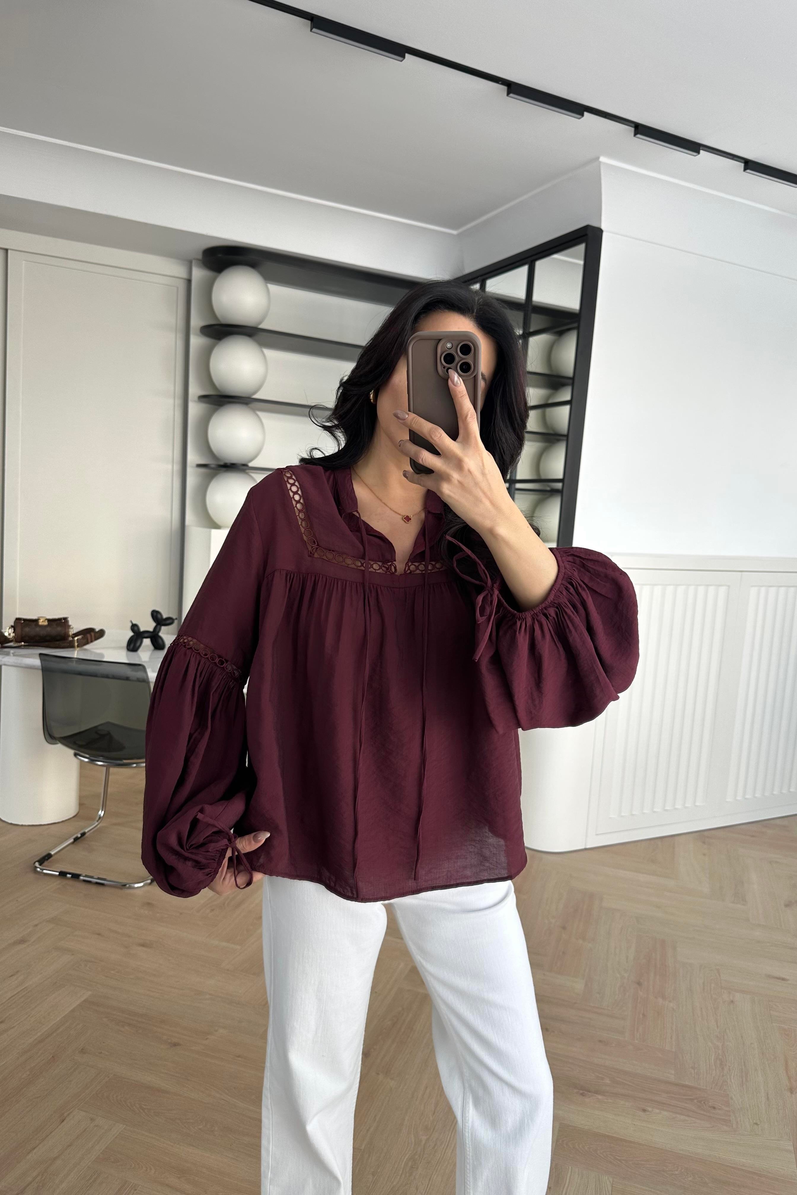 Bordo Nakışlı Keten Gömlek