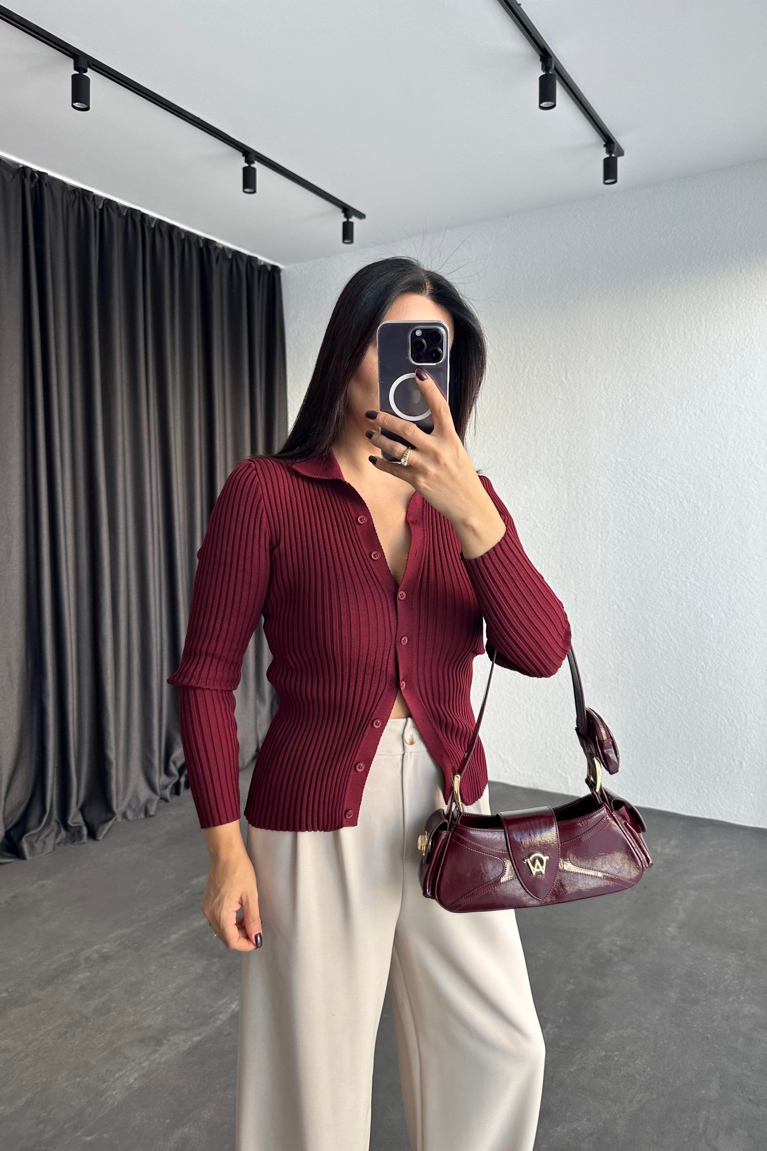 Bordo Önden Düğmeli Çelik Triko Hırka