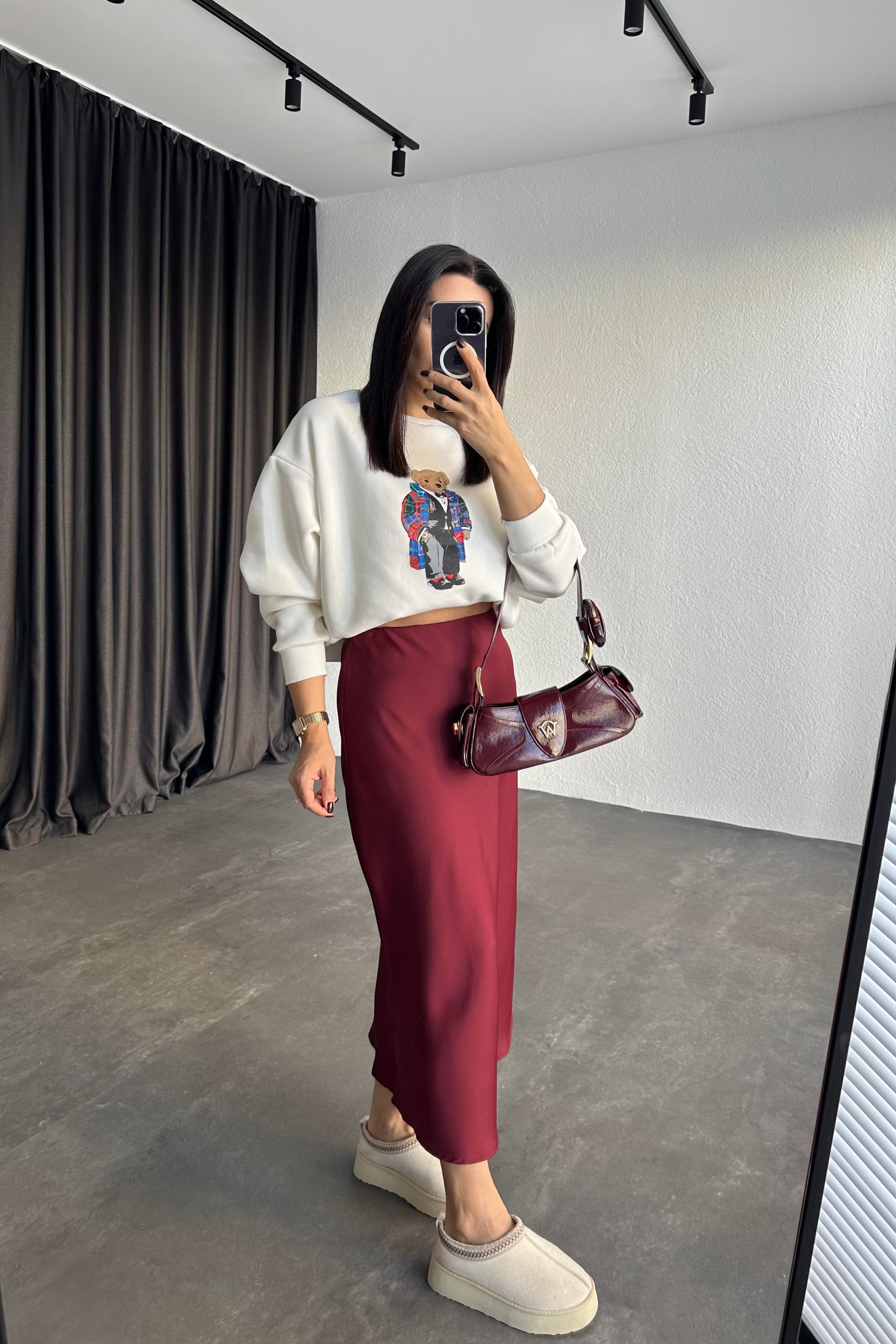 Bordo Renk Beli Lastikli Saten Etek