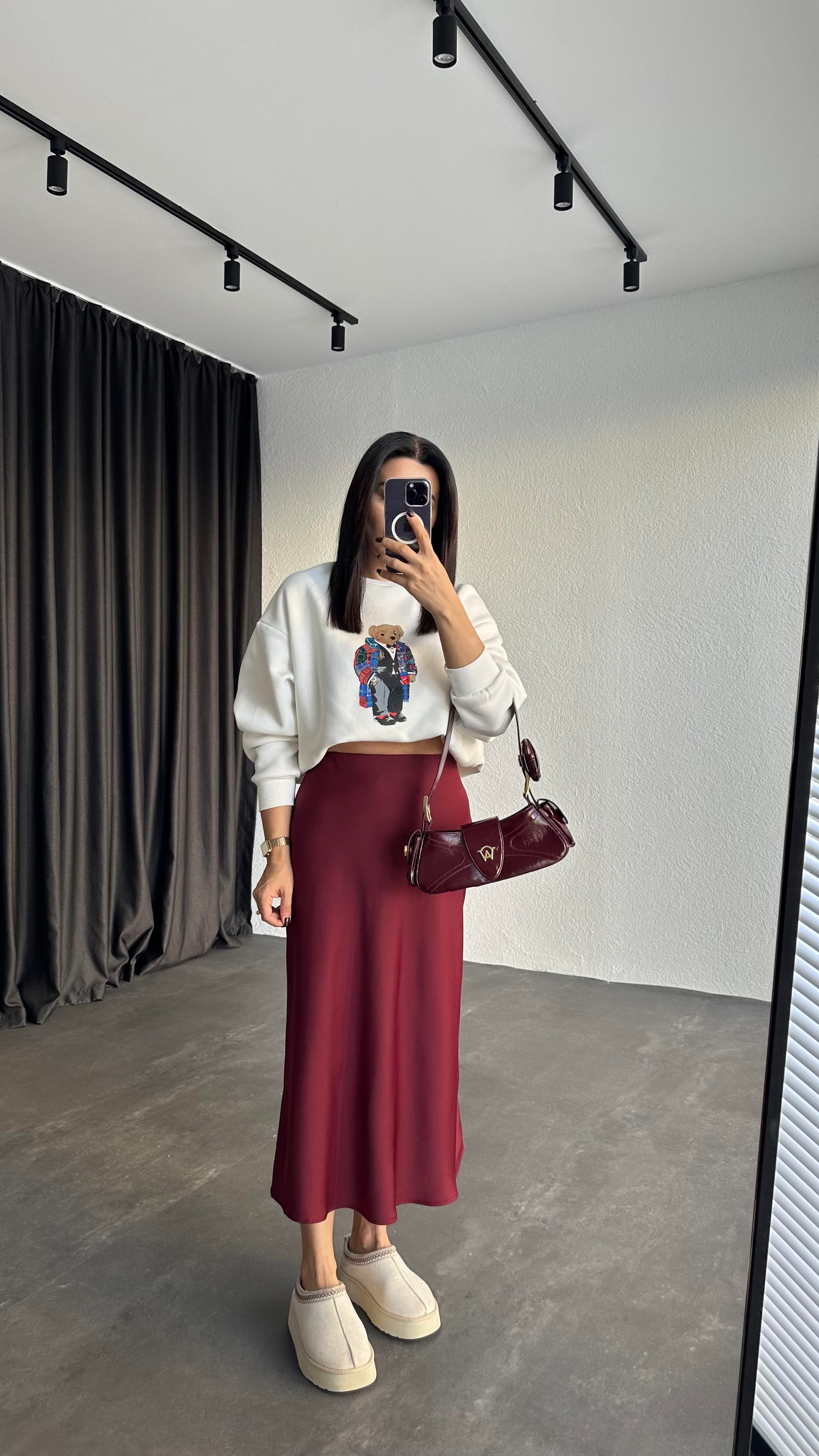 Bordo Renk Beli Lastikli Saten Etek