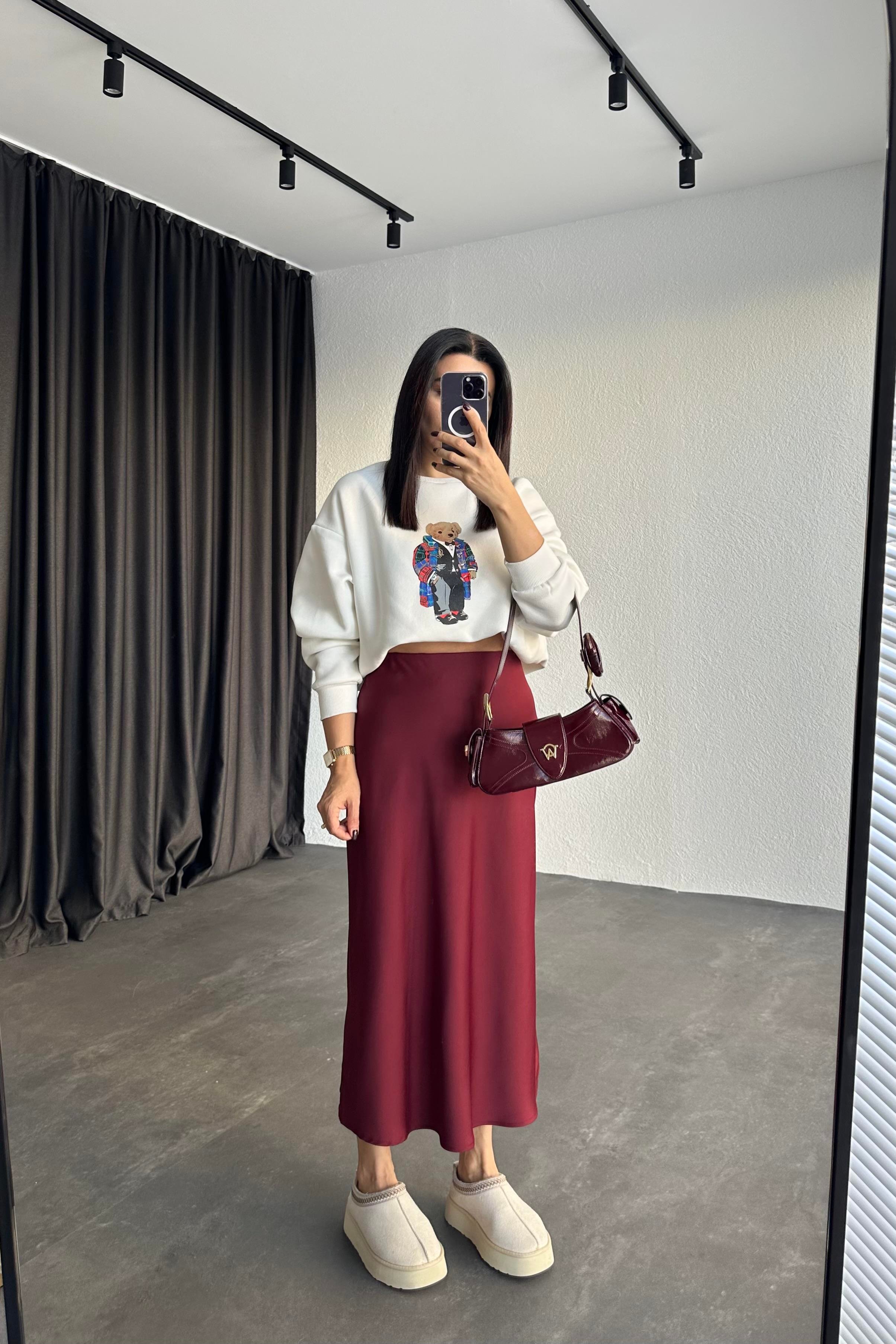 Bordo Renk Beli Lastikli Saten Etek