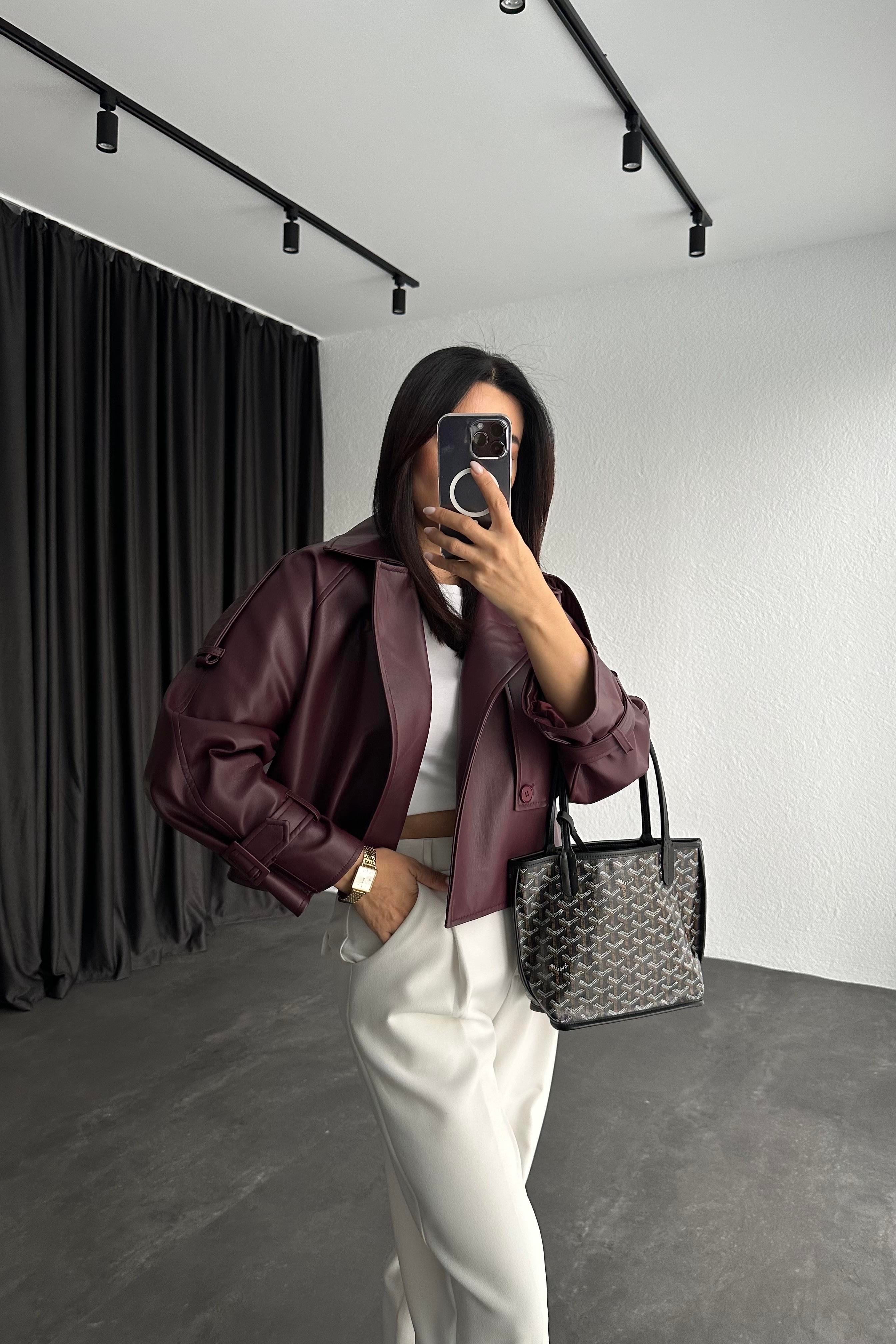 Bordo Renk Marka Muadili Deri Trençkot 