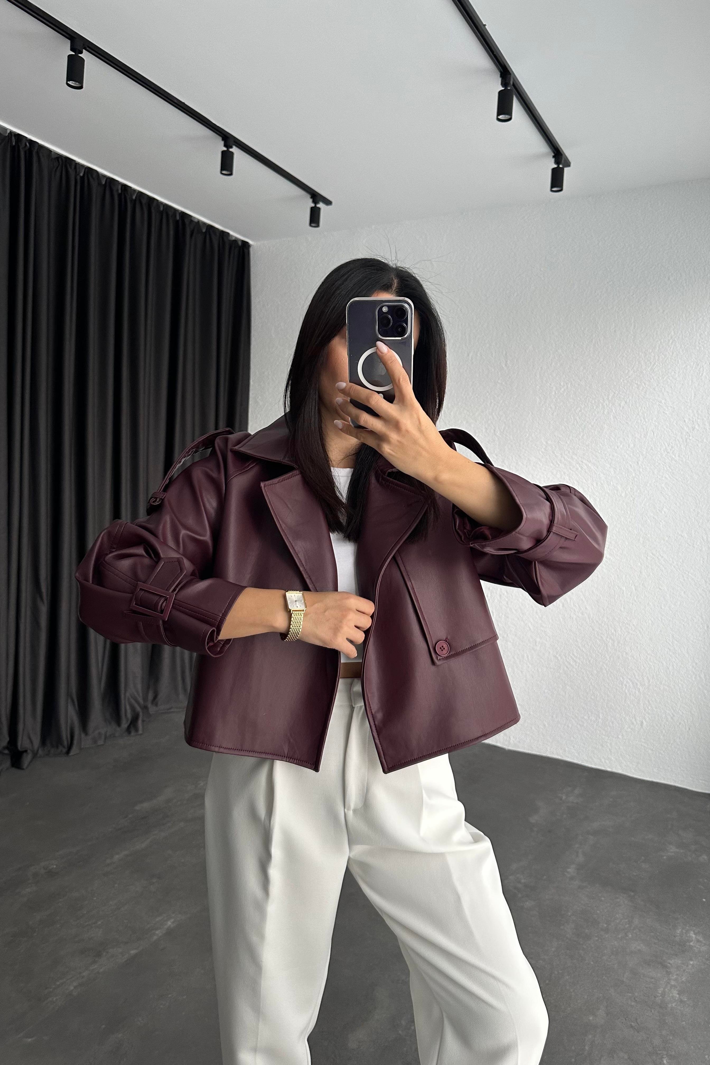 Bordo Renk Marka Muadili Deri Trençkot 