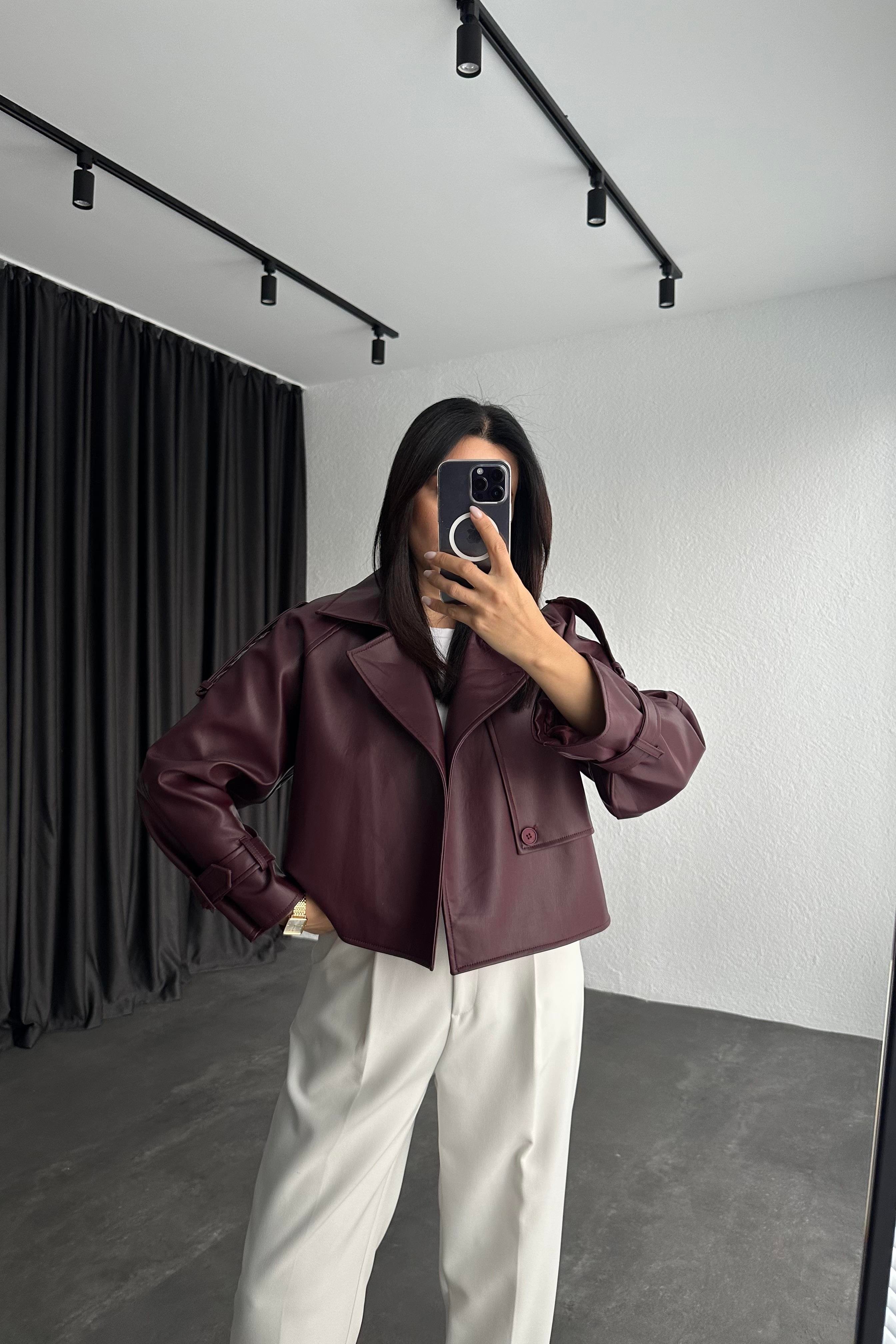 Bordo Renk Marka Muadili Deri Trençkot 