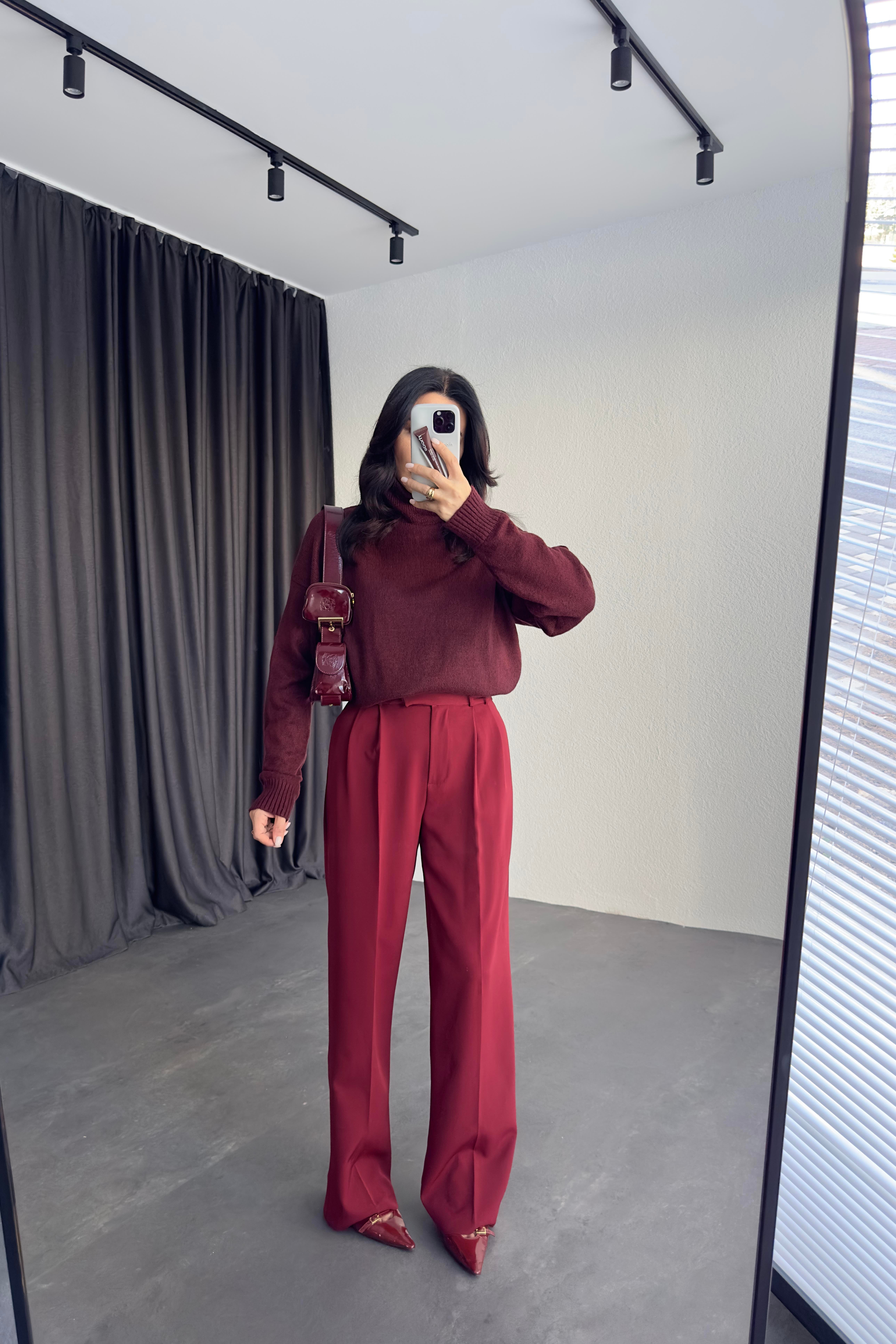 Bordo Renk Özel Dikim Palazzo Pantolon 