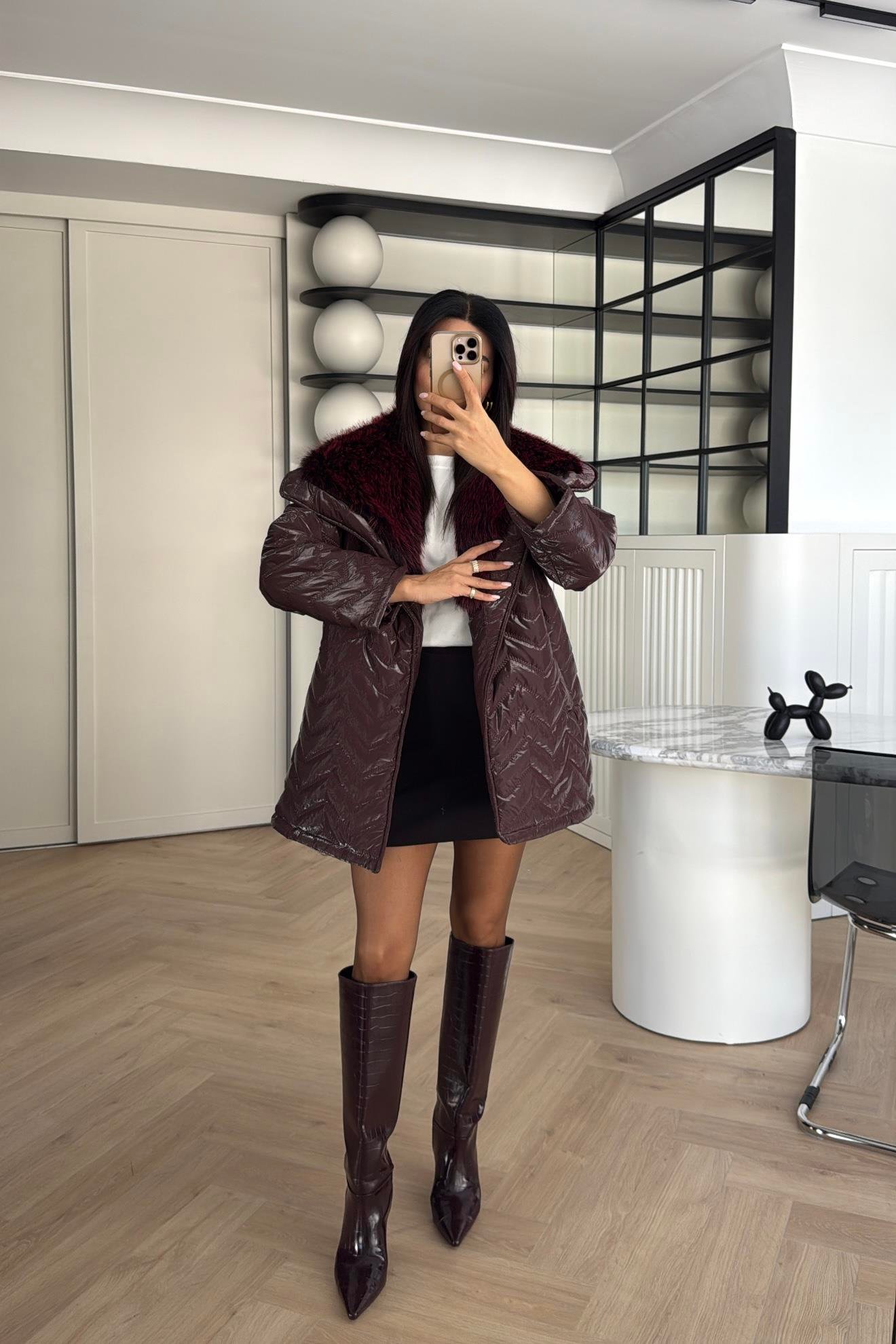 BORDO RENK TASARIM KÜRKLÜ ELYAF DOLGULU MONT