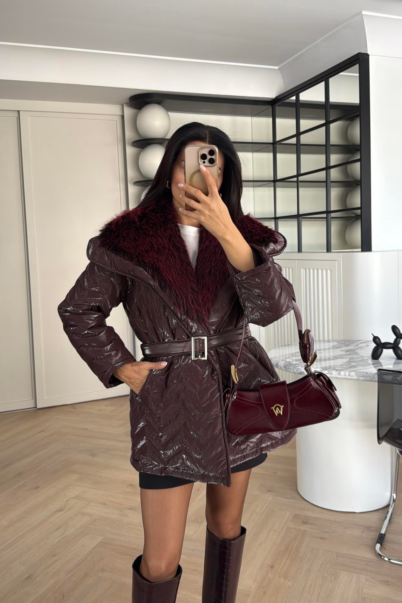 BORDO RENK TASARIM KÜRKLÜ ELYAF DOLGULU MONT