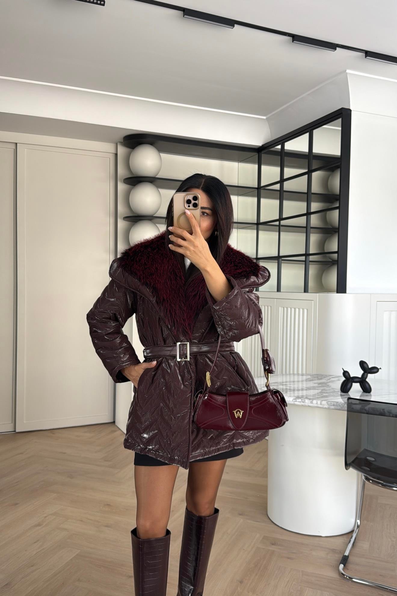 BORDO RENK TASARIM KÜRKLÜ ELYAF DOLGULU MONT