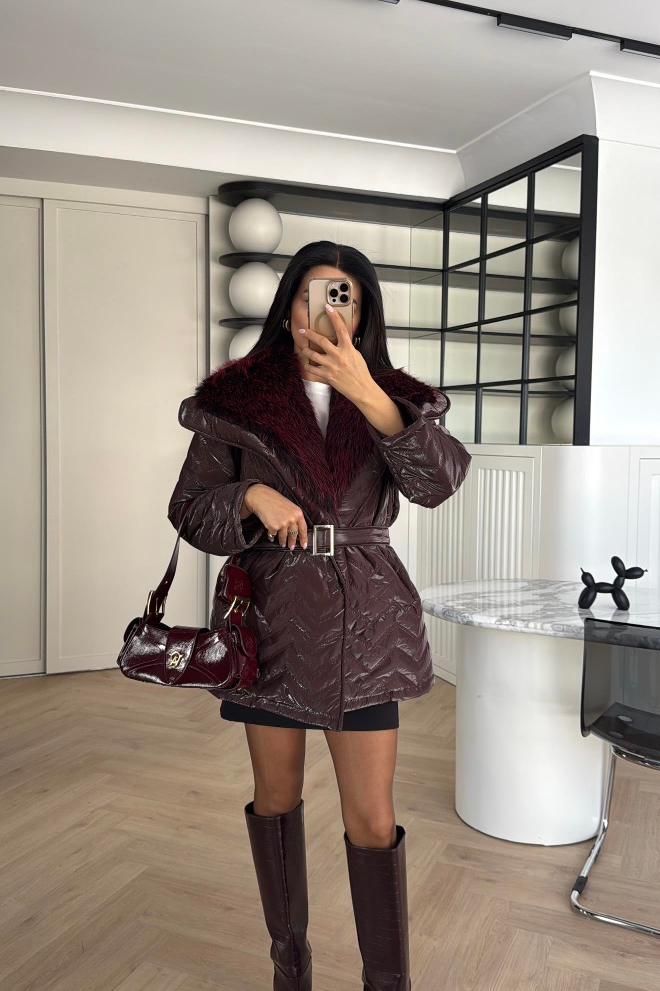 BORDO RENK TASARIM KÜRKLÜ ELYAF DOLGULU MONT