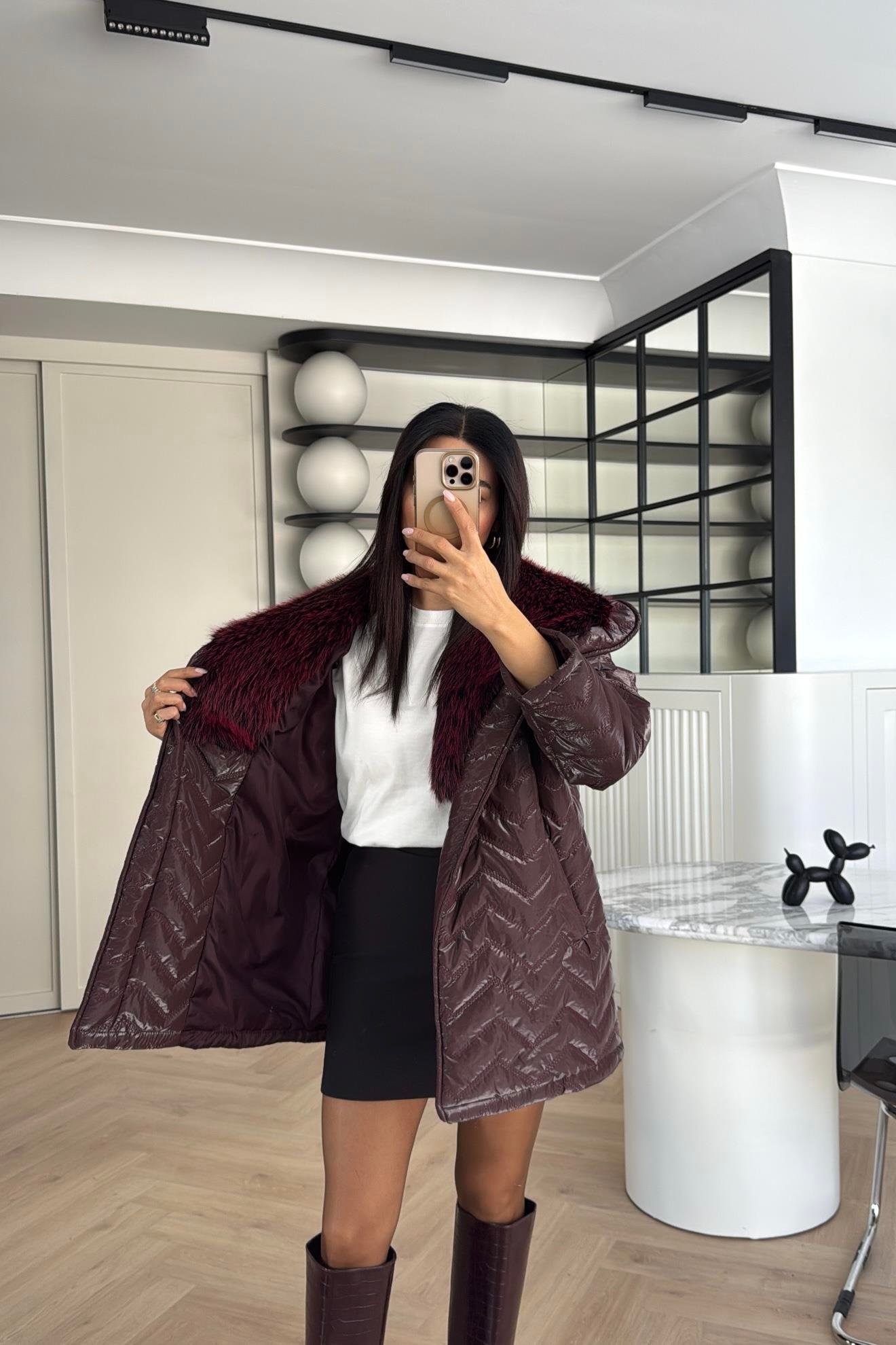 BORDO RENK TASARIM KÜRKLÜ ELYAF DOLGULU MONT