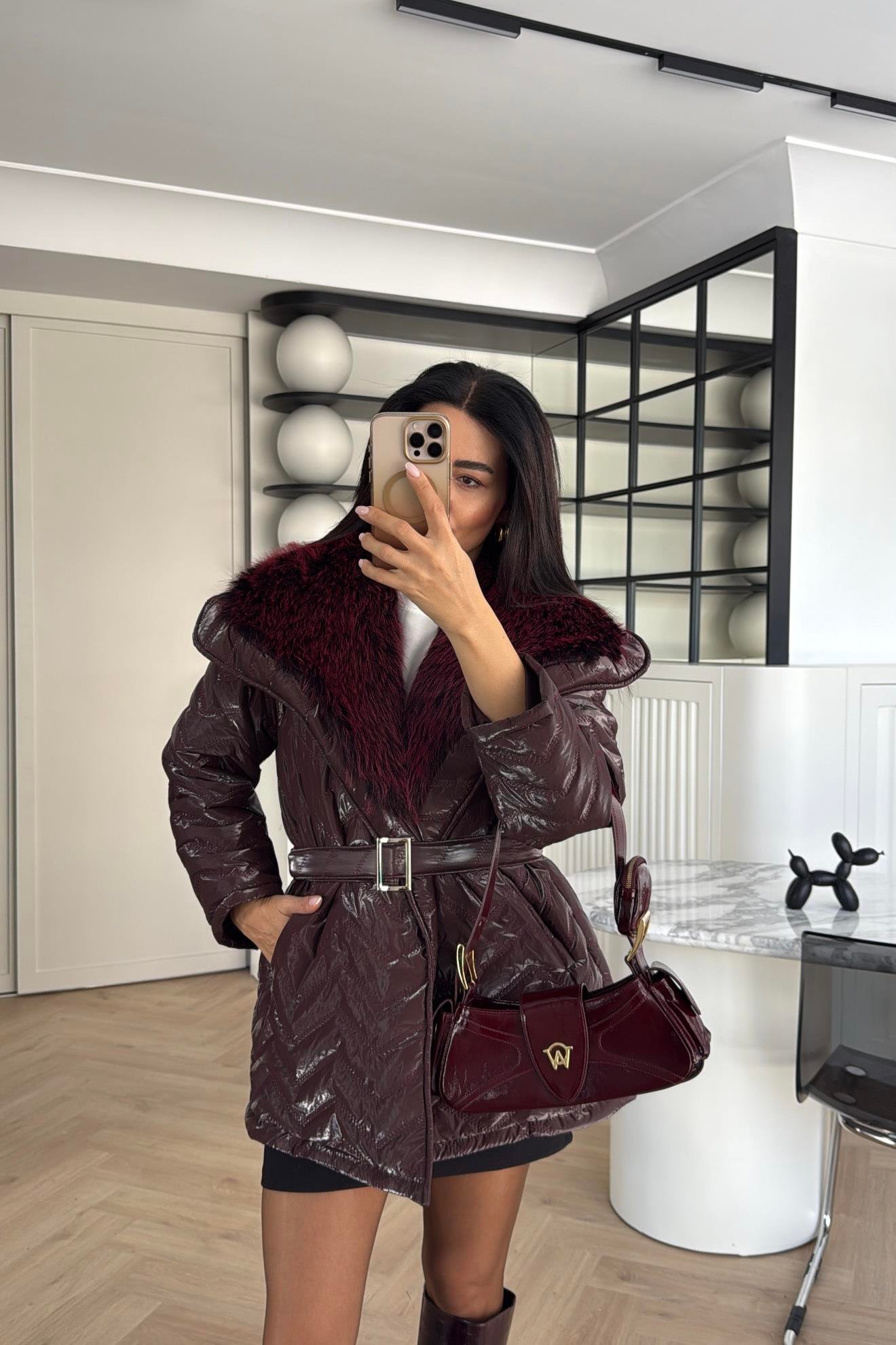 BORDO RENK TASARIM KÜRKLÜ ELYAF DOLGULU MONT