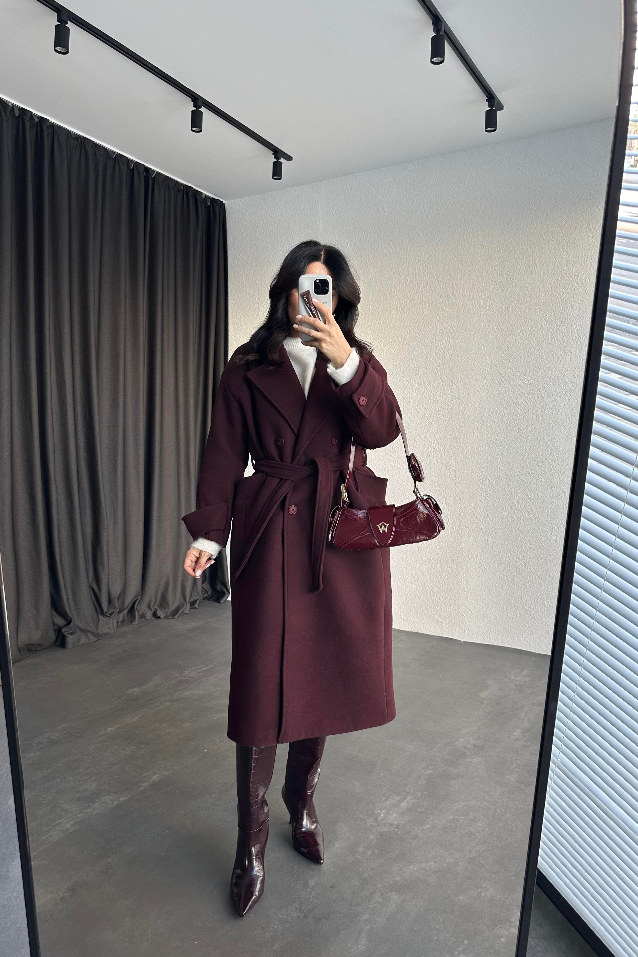 Bordo Renk Tokyo Model Premium Kaşe Kaban 