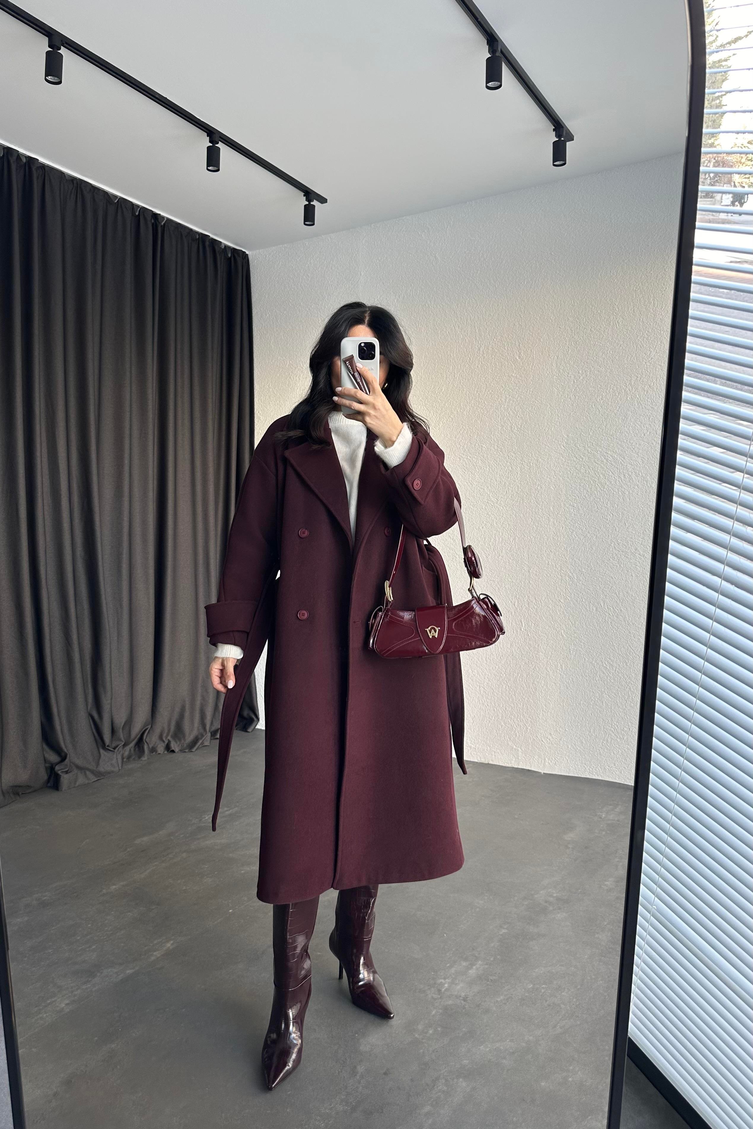 Bordo Renk Tokyo Model Premium Kaşe Kaban 