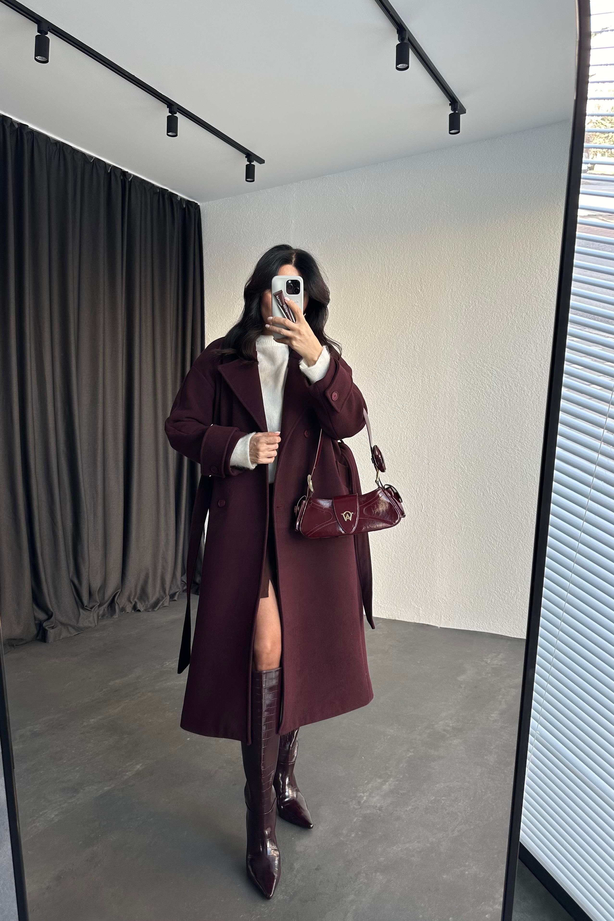 Bordo Renk Tokyo Model Premium Kaşe Kaban 