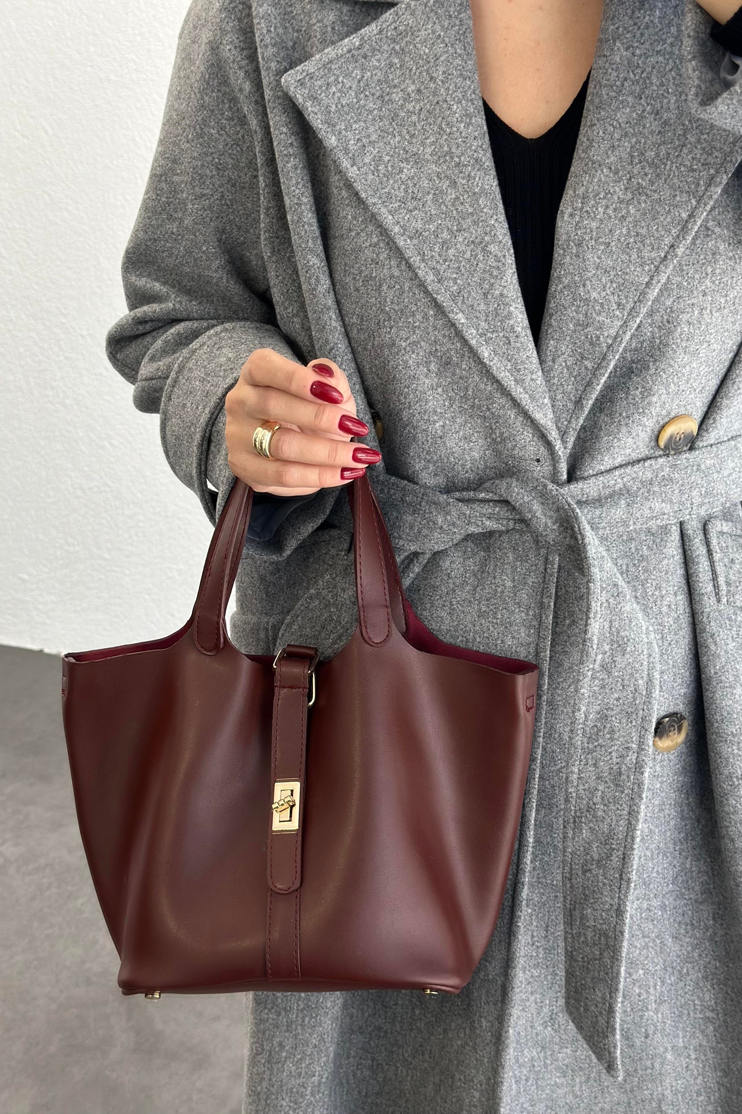 Bordo Renk Uzun Kulplu İç Kısmı Makyaj Çanta Detaylı Çanta