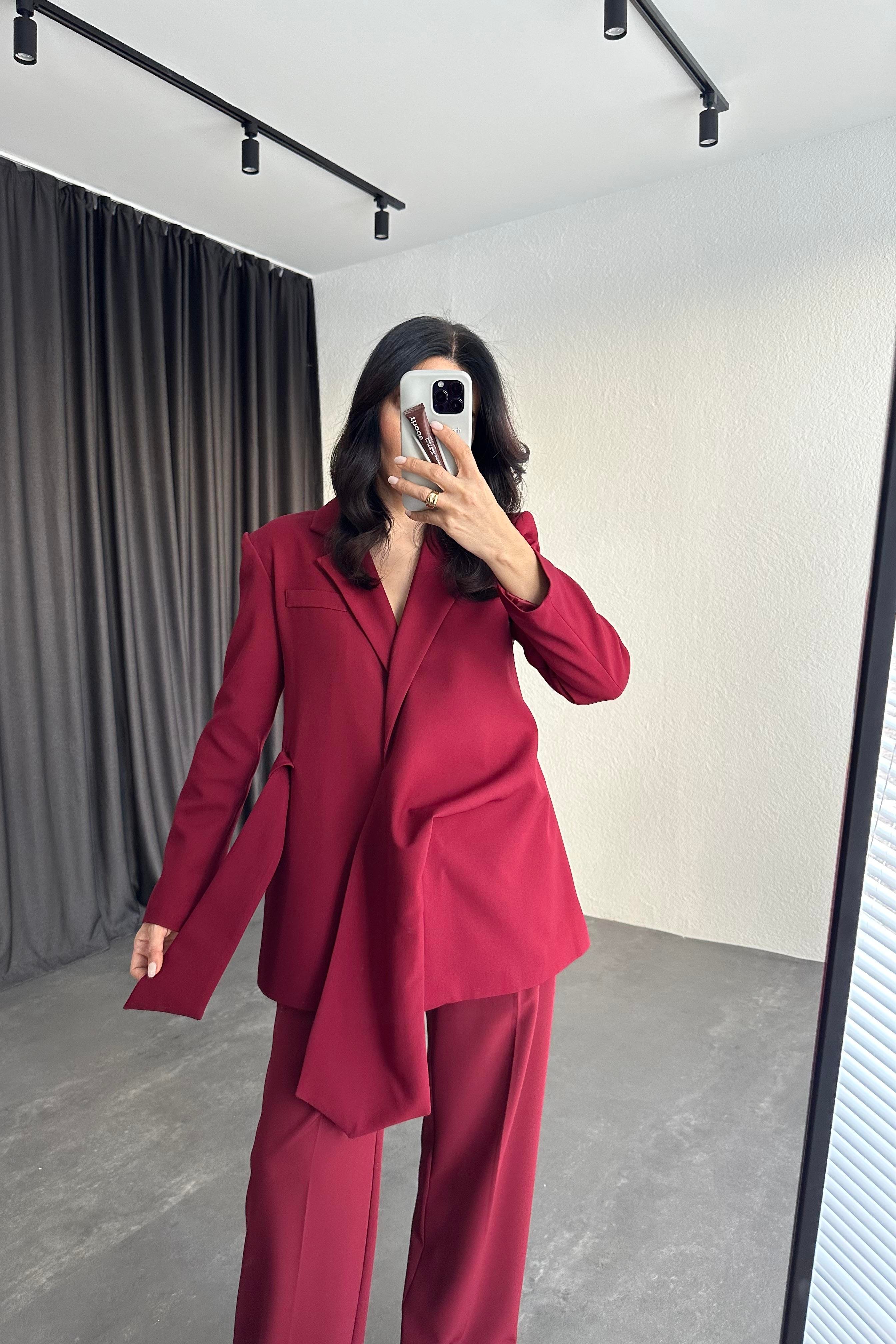 Bordo Renk Vatkalı Bağlama Detaylı Tasarım Blazer Ceket