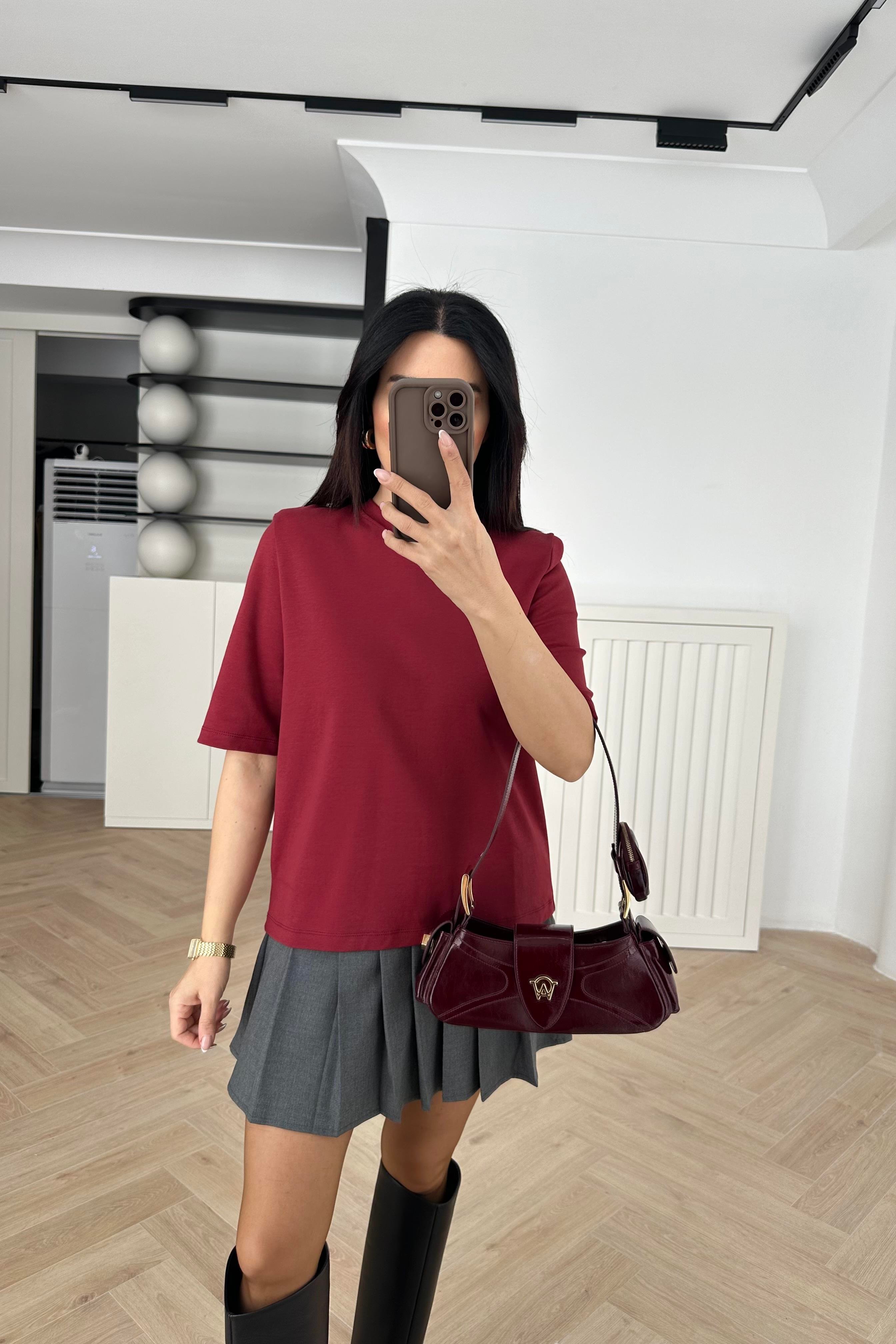 Bordo Renk Vatkalı Basic Tişört 