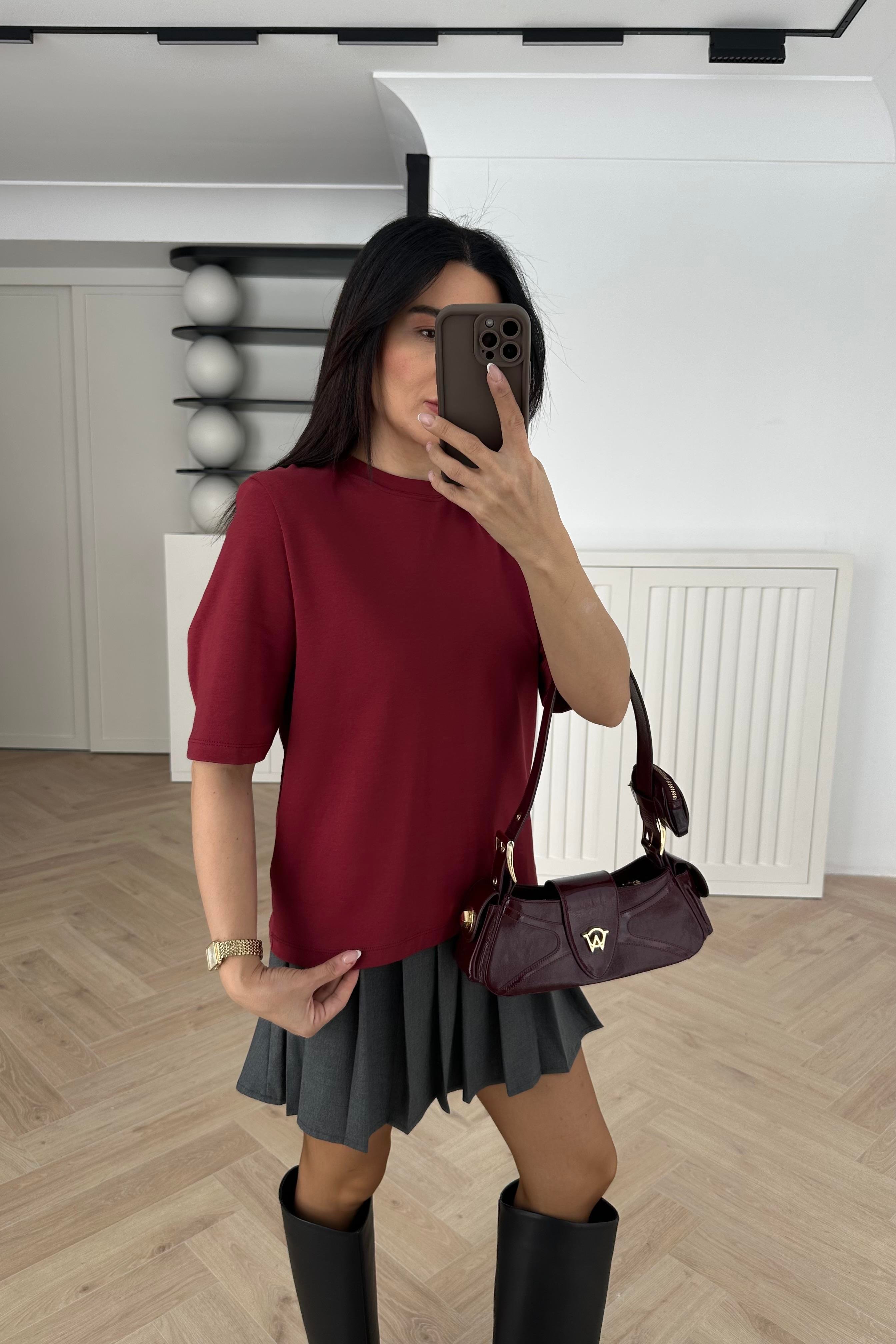 Bordo Renk Vatkalı Basic Tişört 