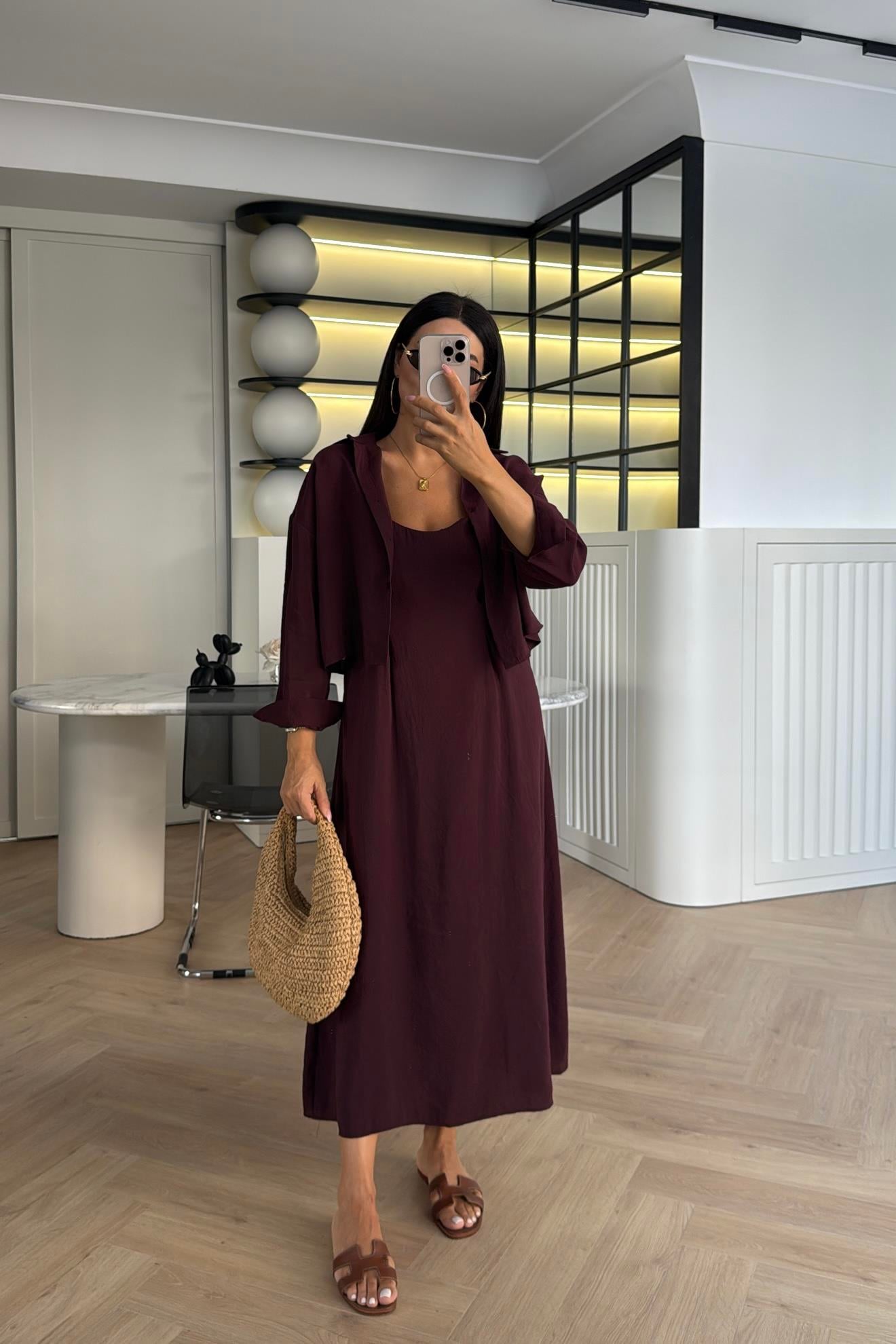 BORDO TENSEL GÖMLEK DETAY ASKILI ELBİSE