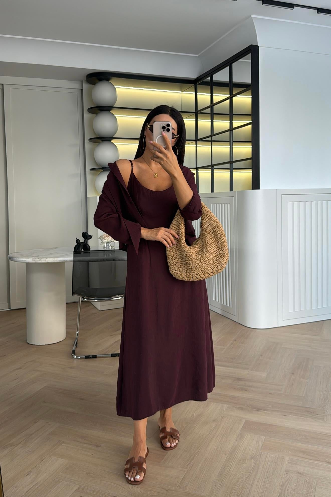 BORDO TENSEL GÖMLEK DETAY ASKILI ELBİSE