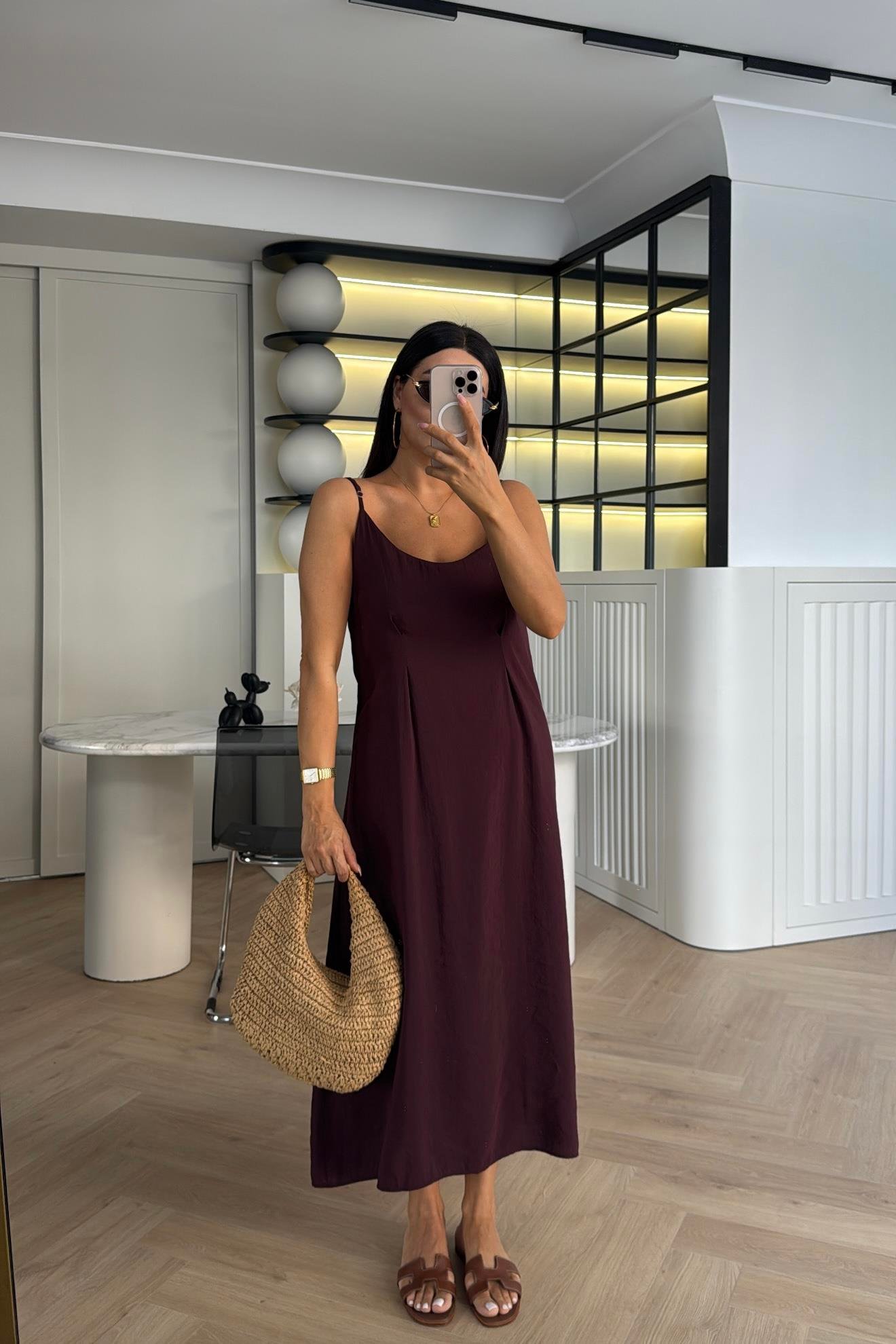 BORDO TENSEL GÖMLEK DETAY ASKILI ELBİSE