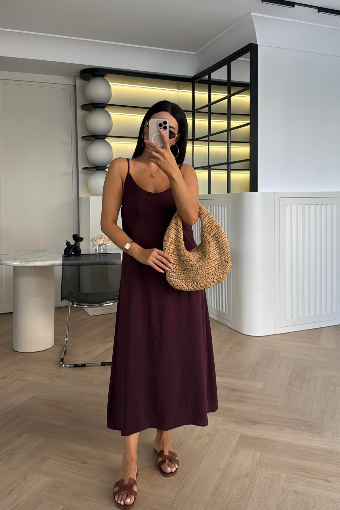 BORDO TENSEL GÖMLEK DETAY ASKILI ELBİSE
