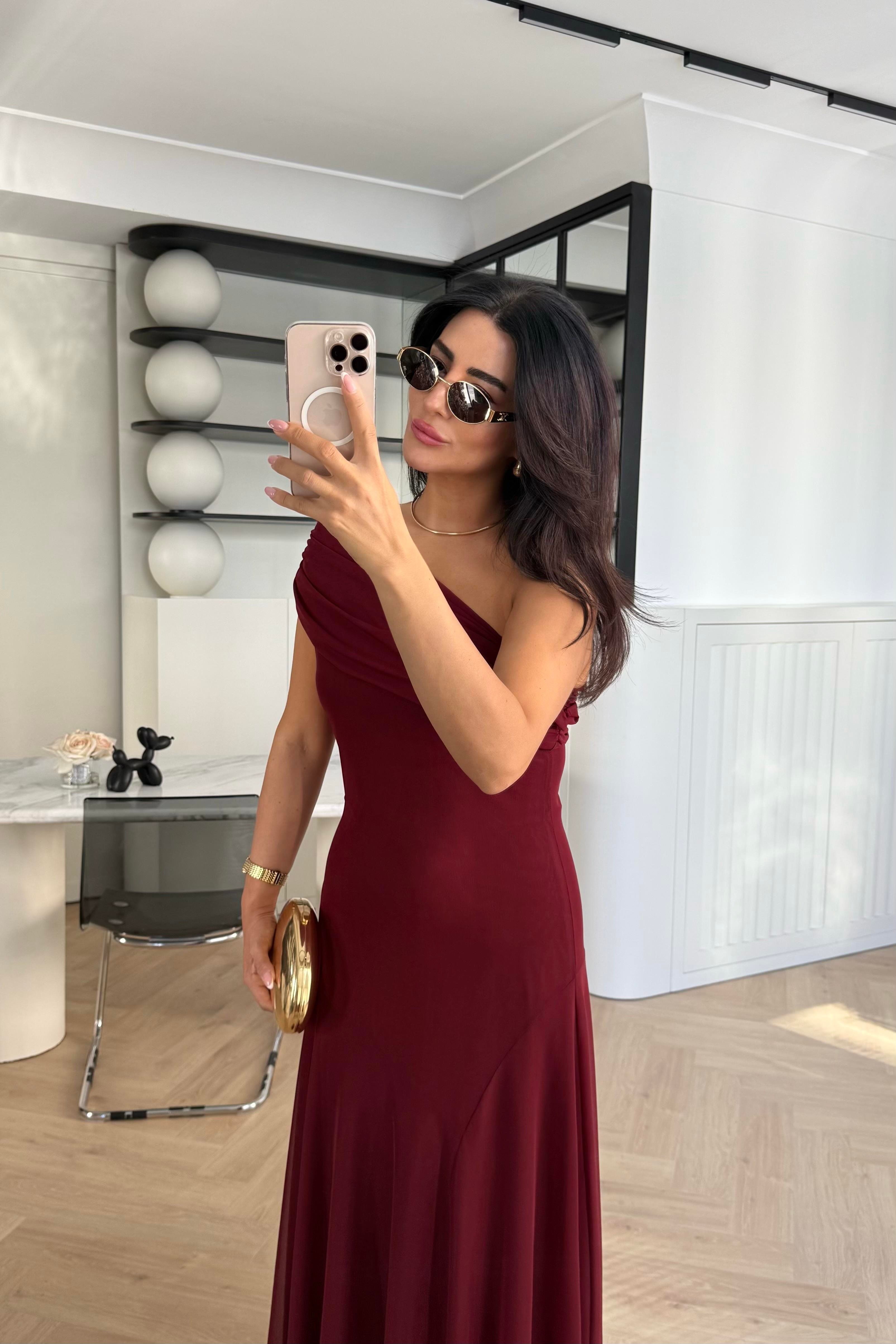 BORDO TÜL TEK OMUZ ELBİSE