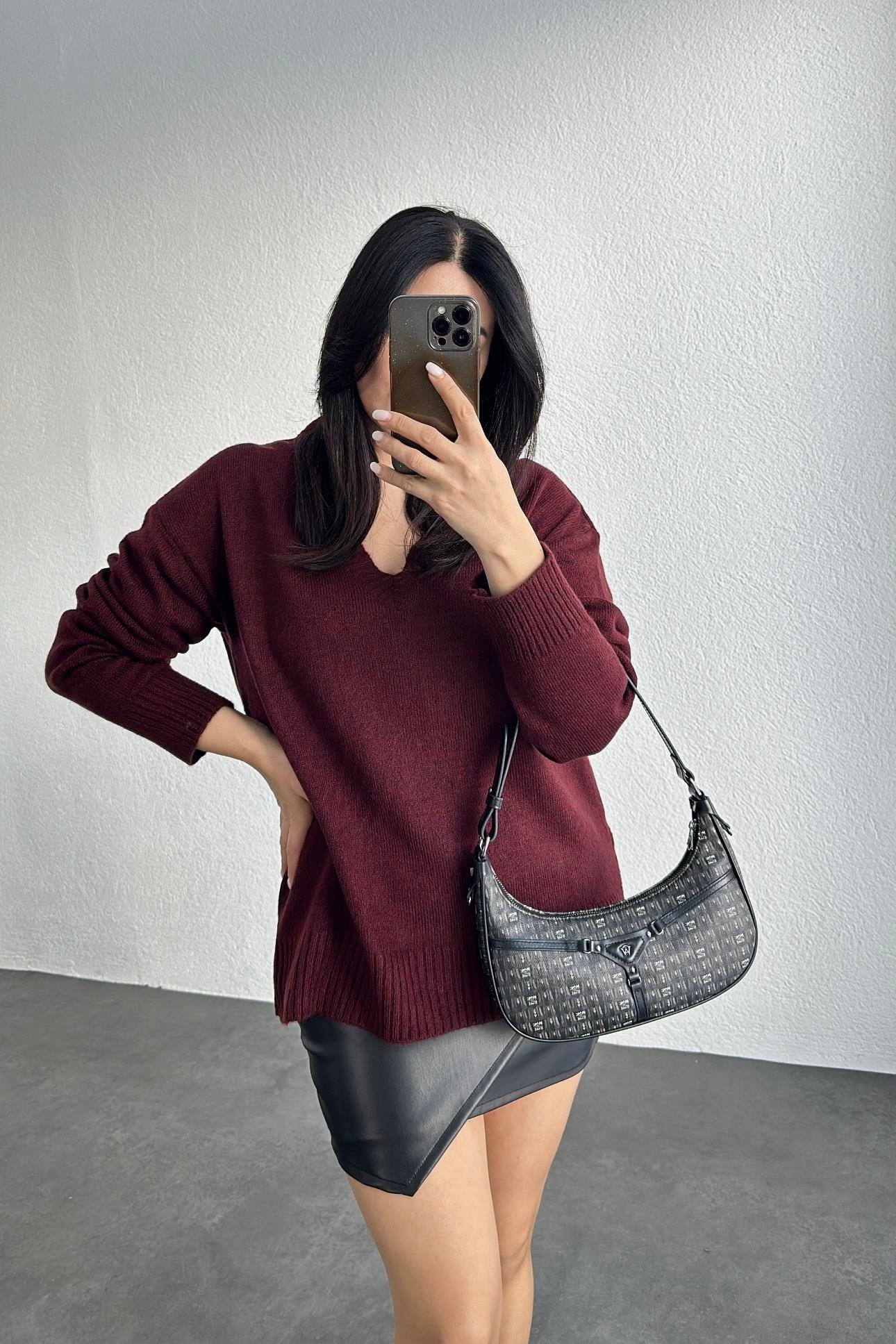 Bordo V Yaka Triko Kazak