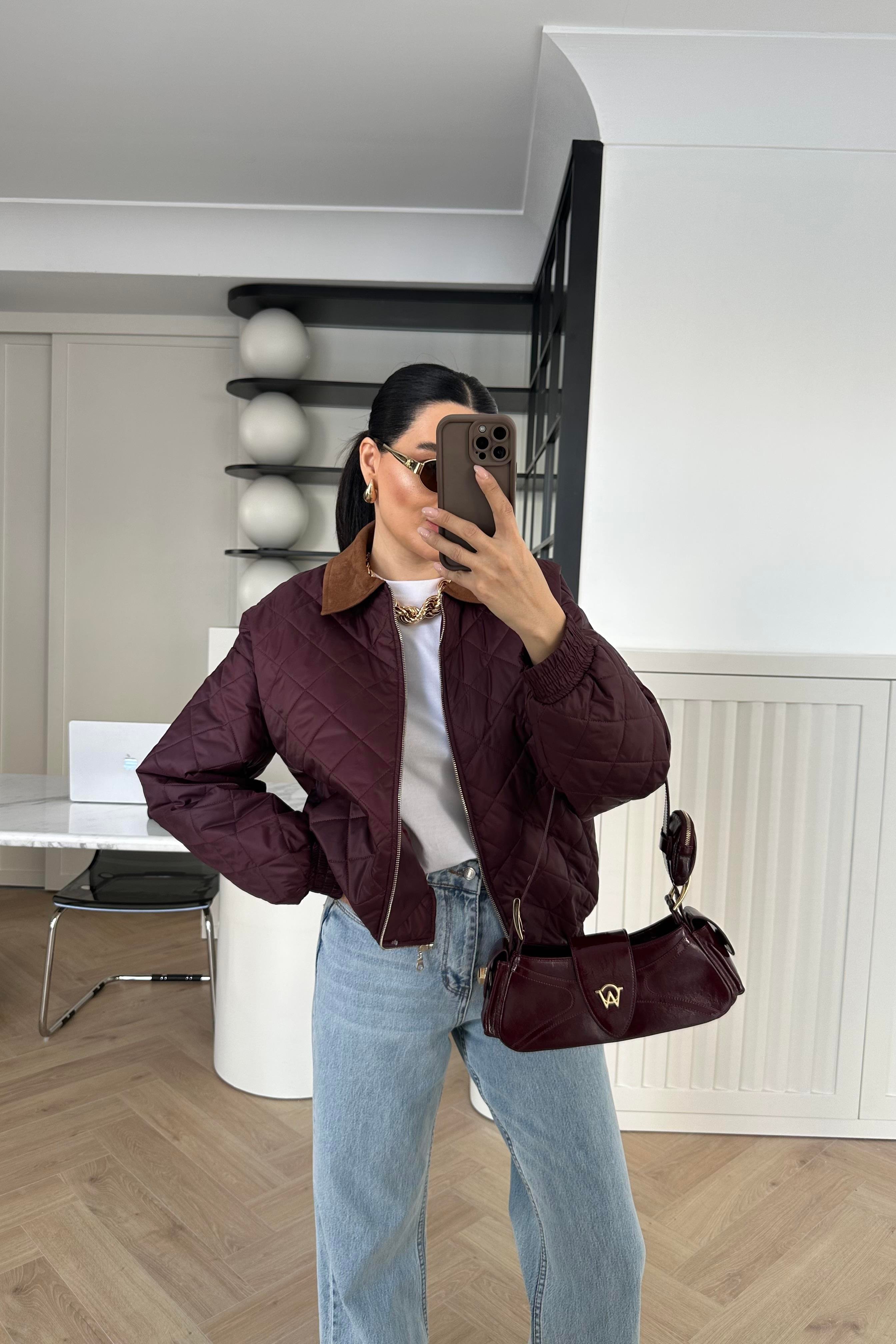 Bordo Yakası Süet Elyaf Dolgu Ceket