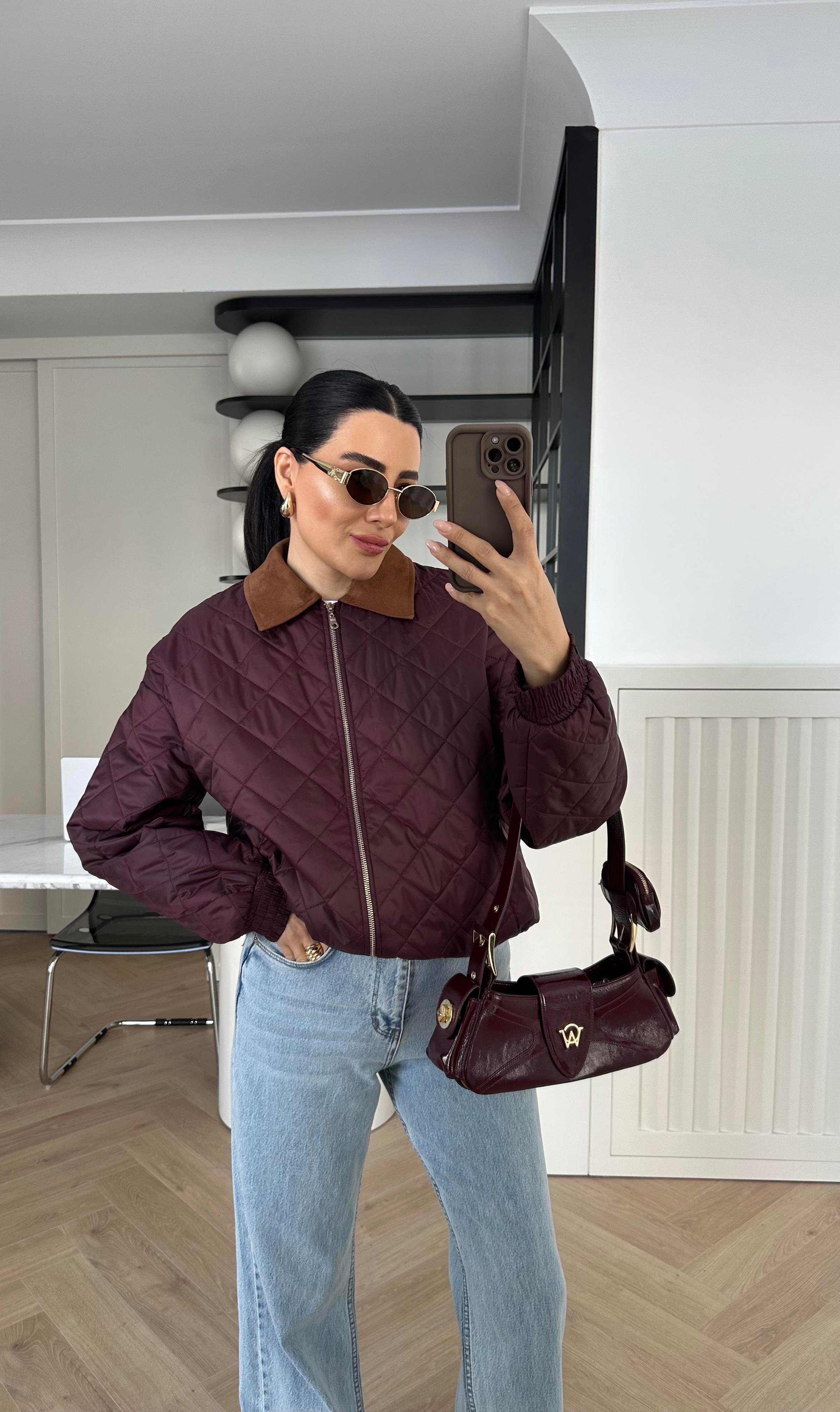 Bordo Yakası Süet Elyaf Dolgu Ceket