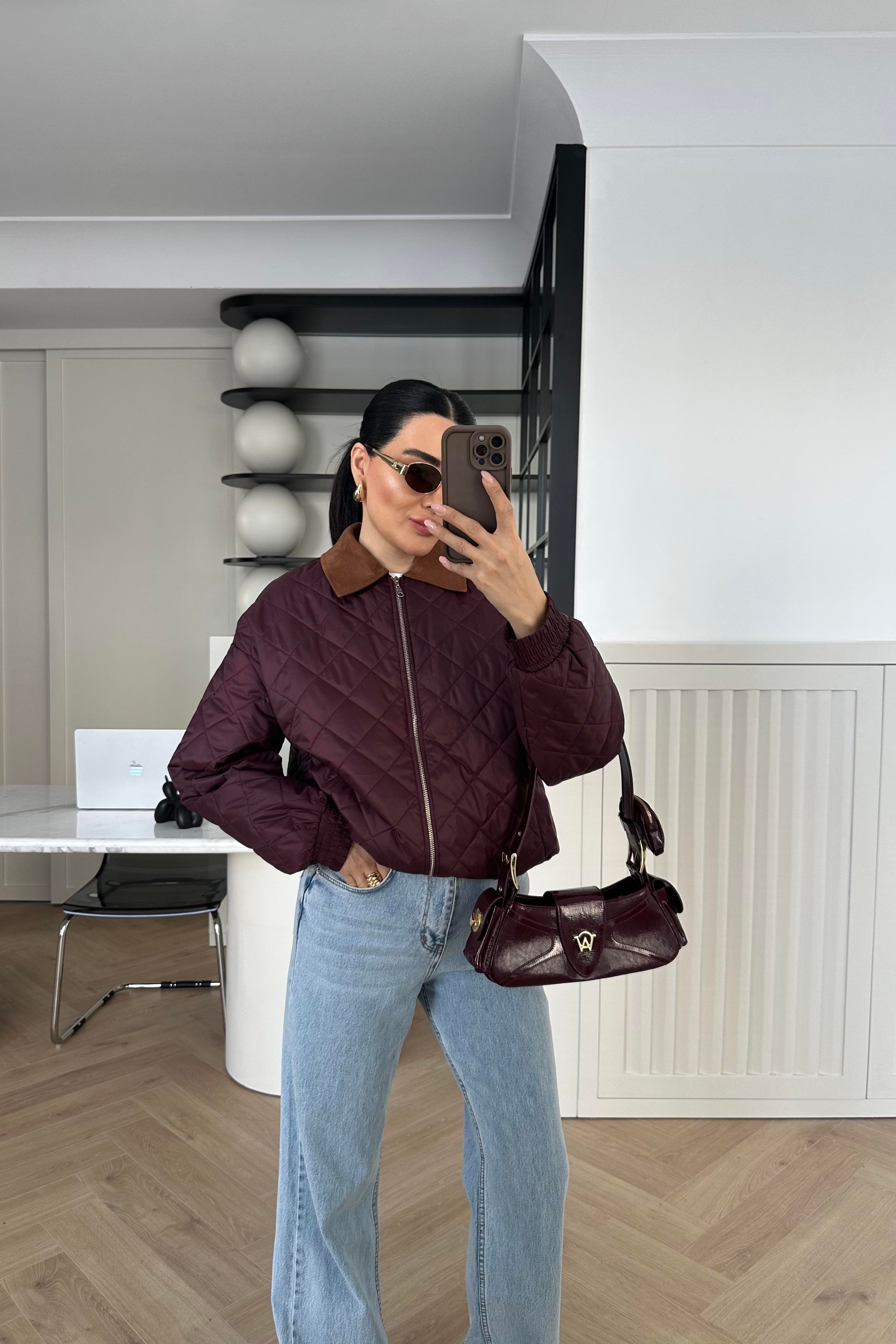 Bordo Yakası Süet Elyaf Dolgu Ceket