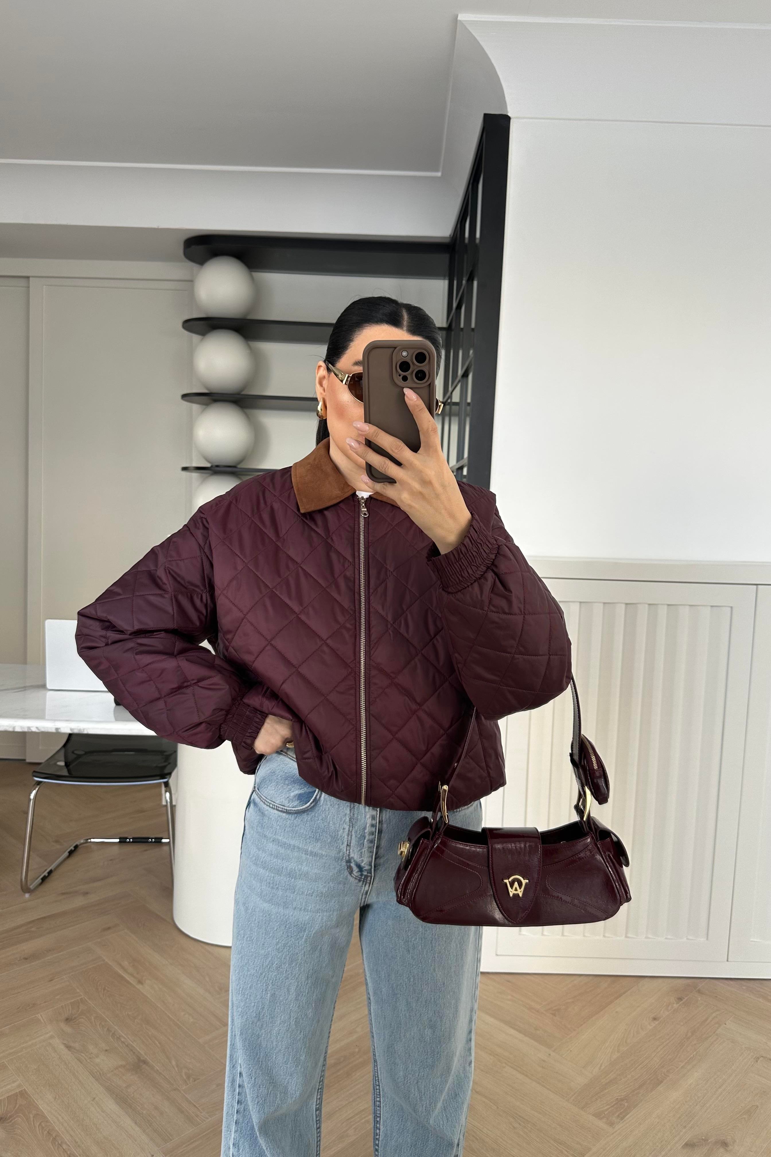 Bordo Yakası Süet Elyaf Dolgu Ceket