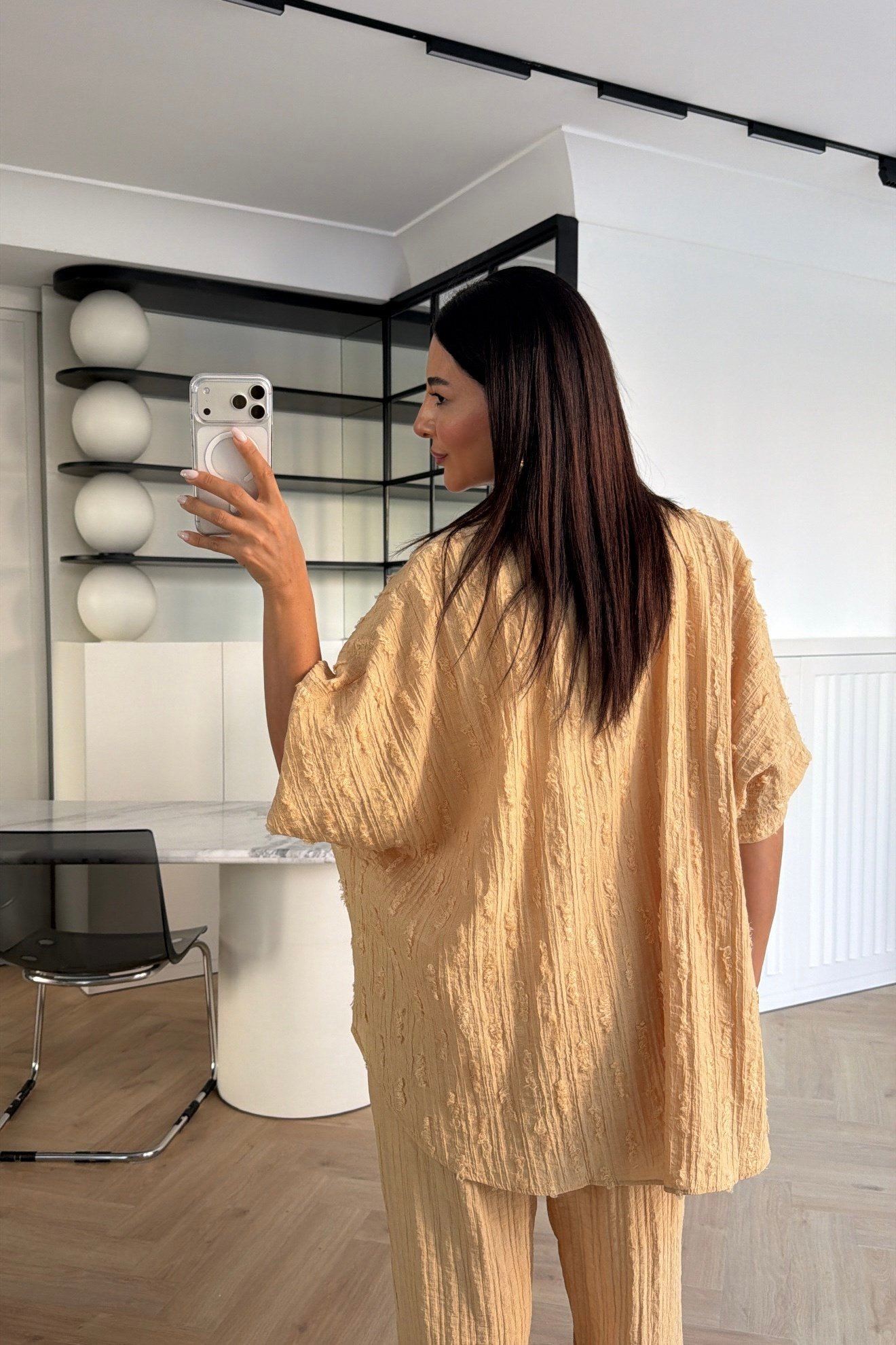 BÜRÜMCÜK DOKULU GÖMLEK PANTOLON TAKIM SARI
