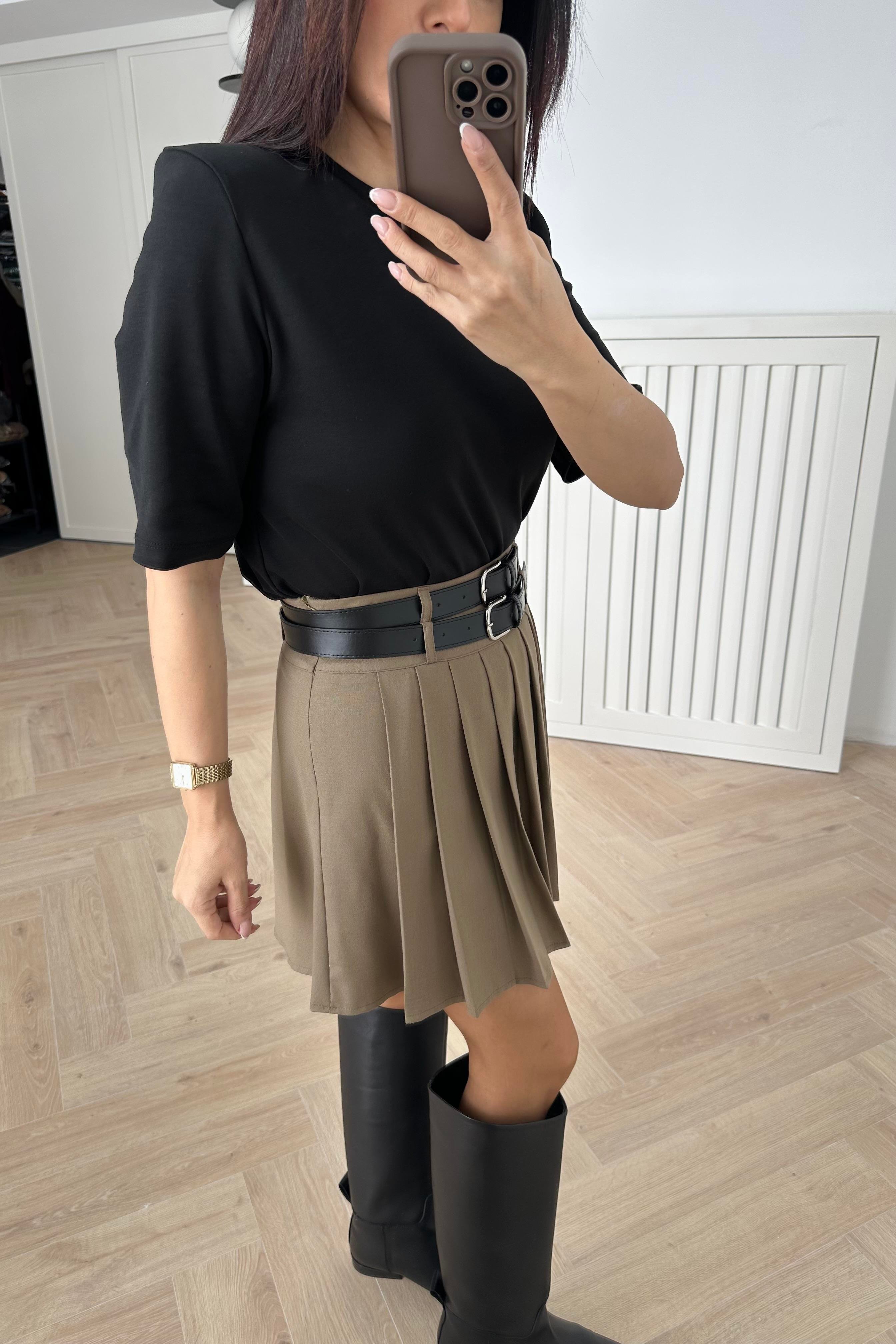 Camel Çift Kemerli Pileli Etek