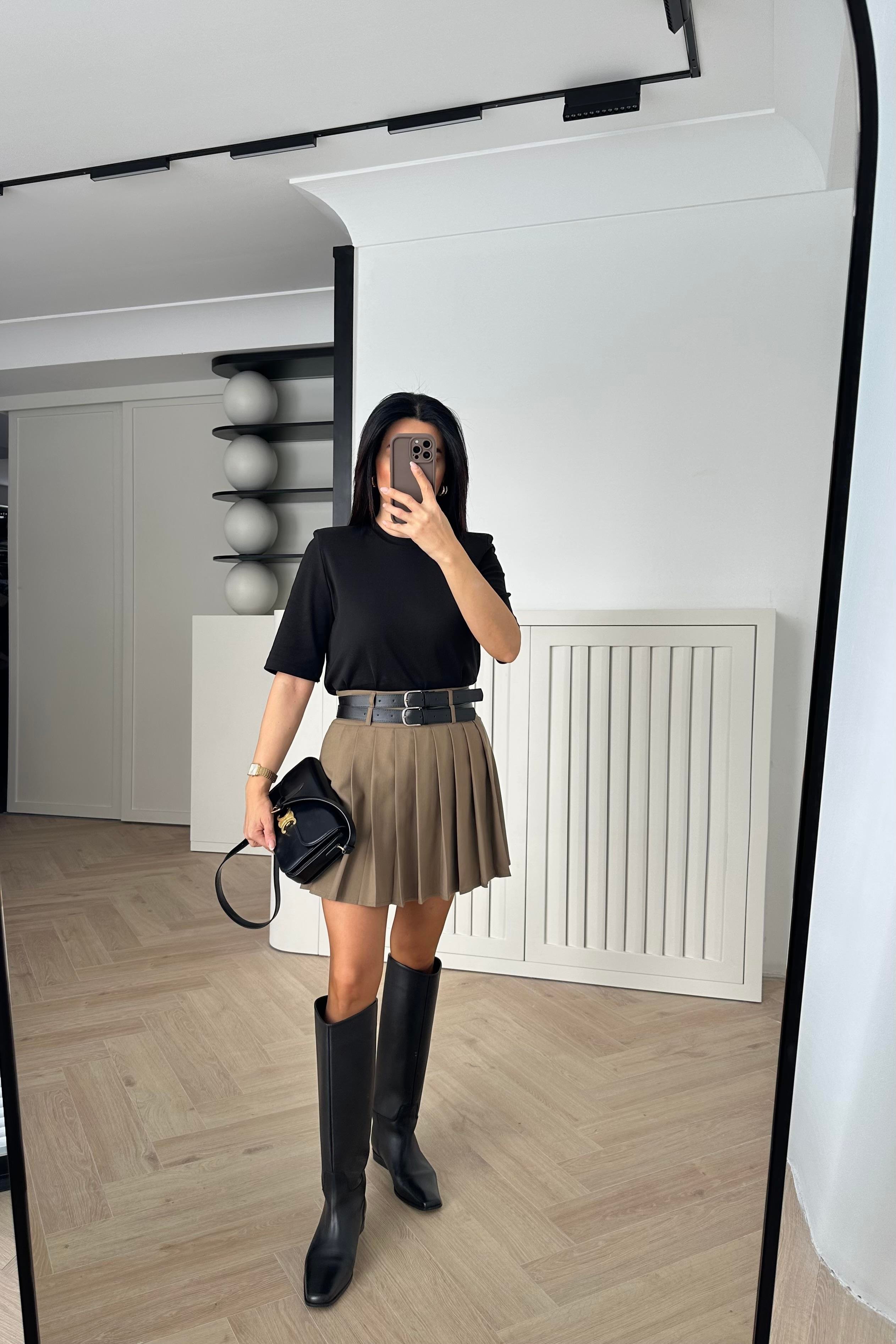 Camel Çift Kemerli Pileli Etek