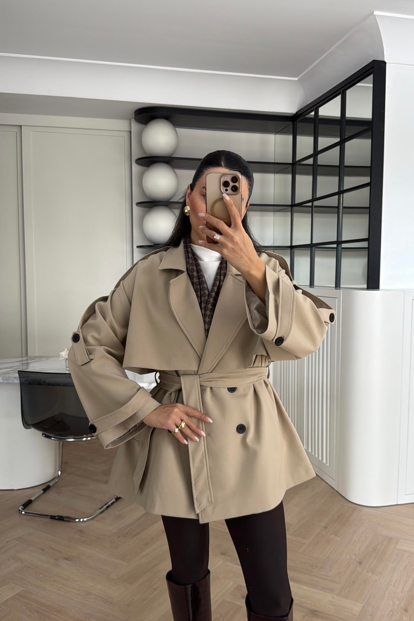 CAMEL TASARIM ASTARLI PREMIUM KISA TRENÇKOT